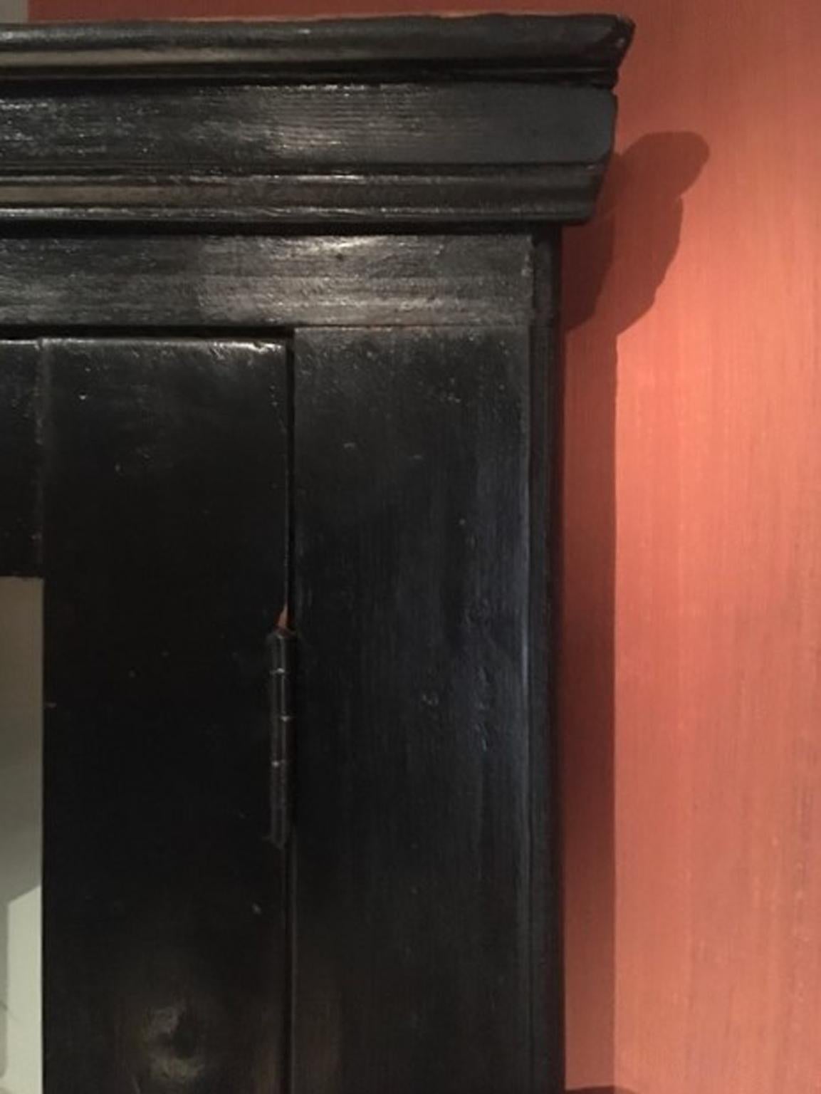 Rustic Italian Early 20th Century Kitchen Pine Wood Black Lacquered Corner Cupboard