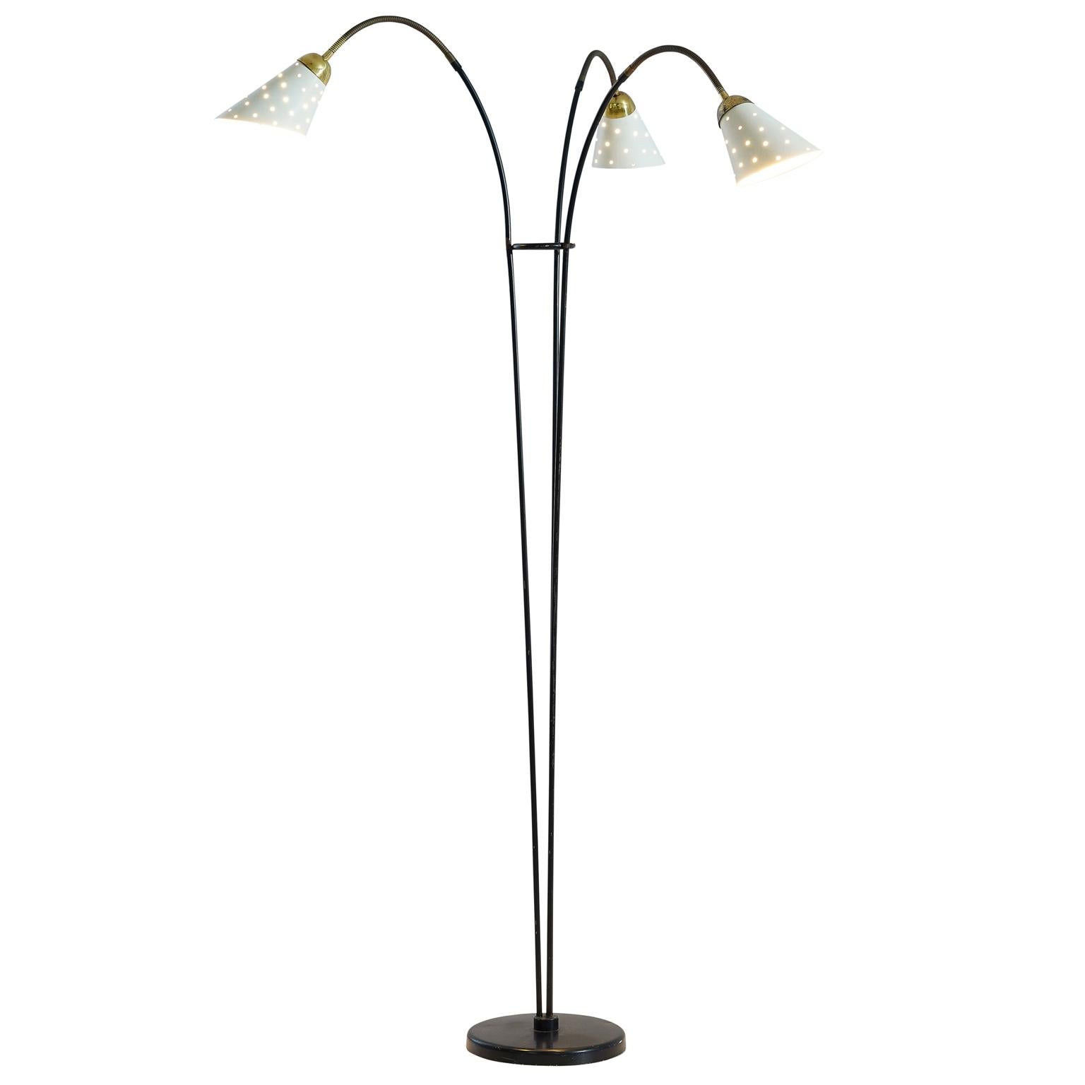 Italy Floor Lamp with White Shades Brass, 1950s