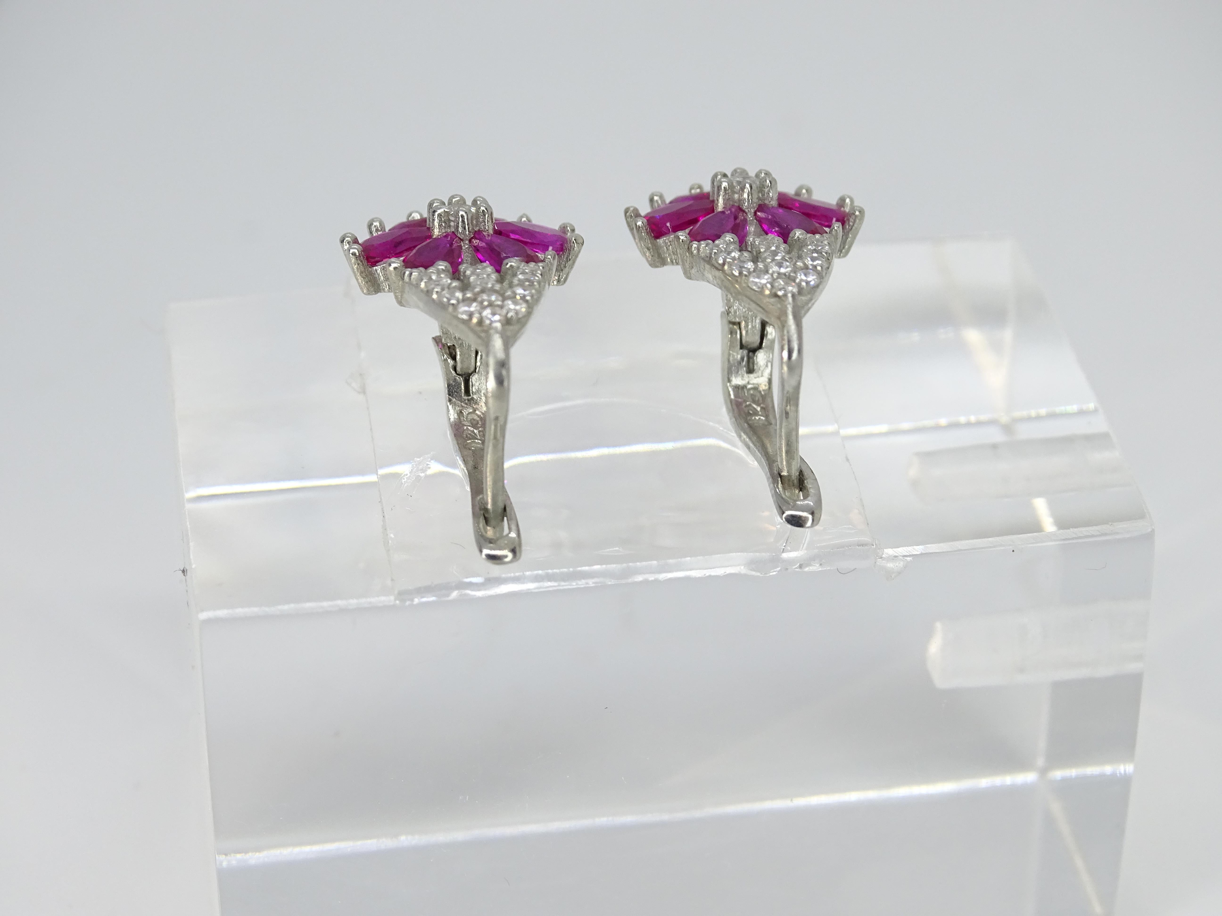 Italy “flower” earrings with ruby and zircons, 925 sterling silver in vendita 11