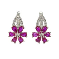 Italy “flower” earrings with ruby and zircons, 925 sterling silver