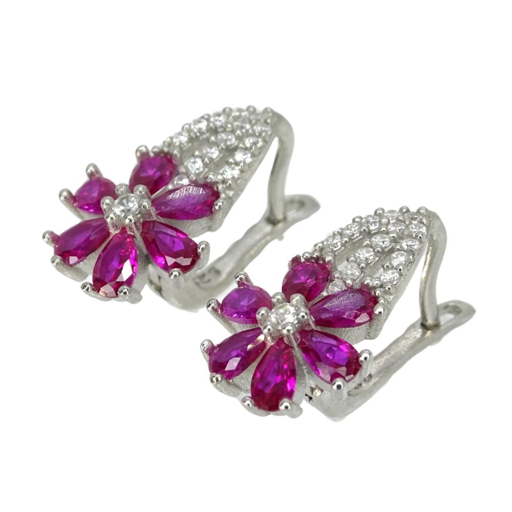Romantico Italy “flower” earrings with ruby and zircons, 925 sterling silver in vendita