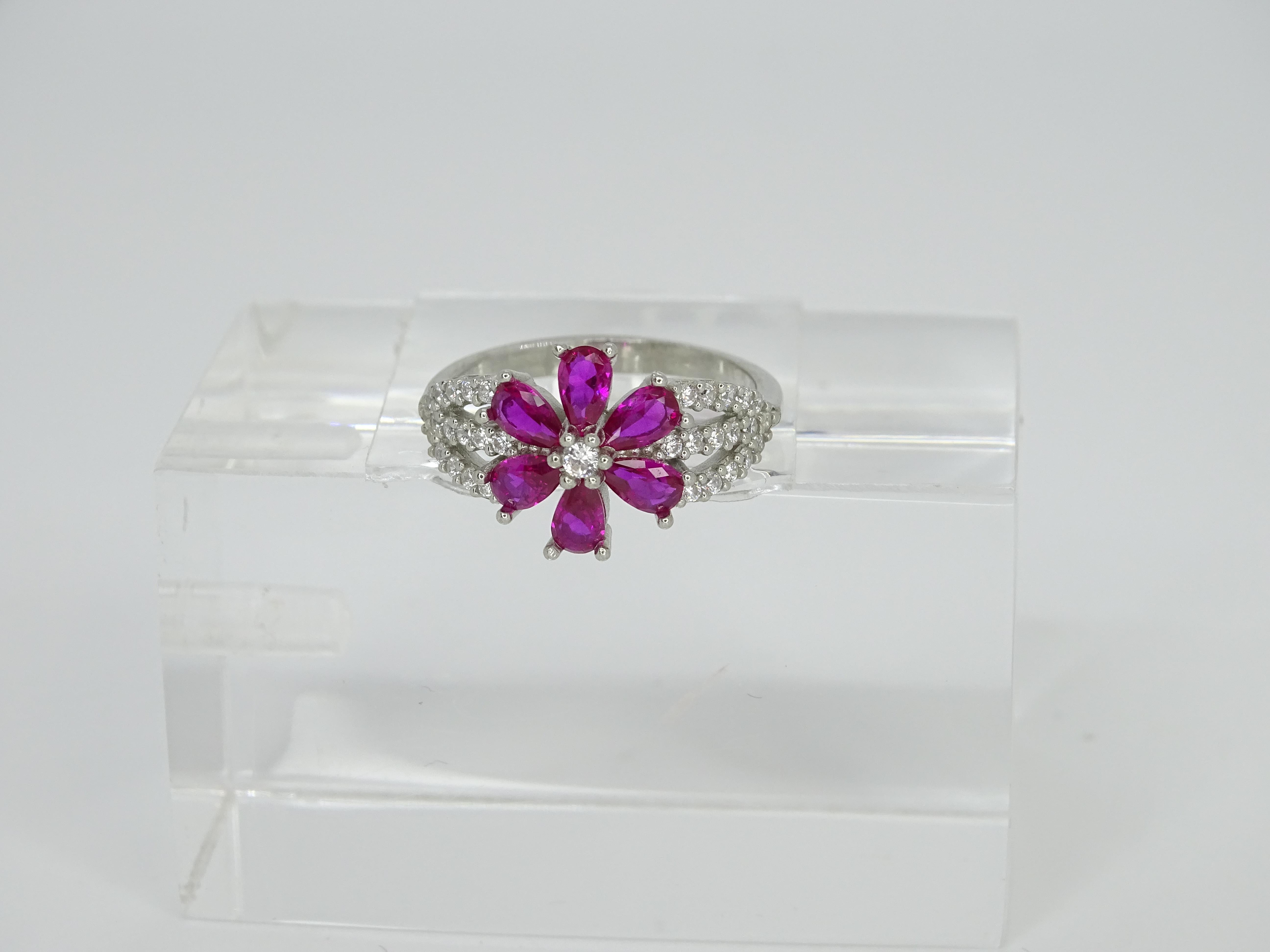 Italy “flower” ring, ruby root and zircons, 925 sterling silver For Sale 6