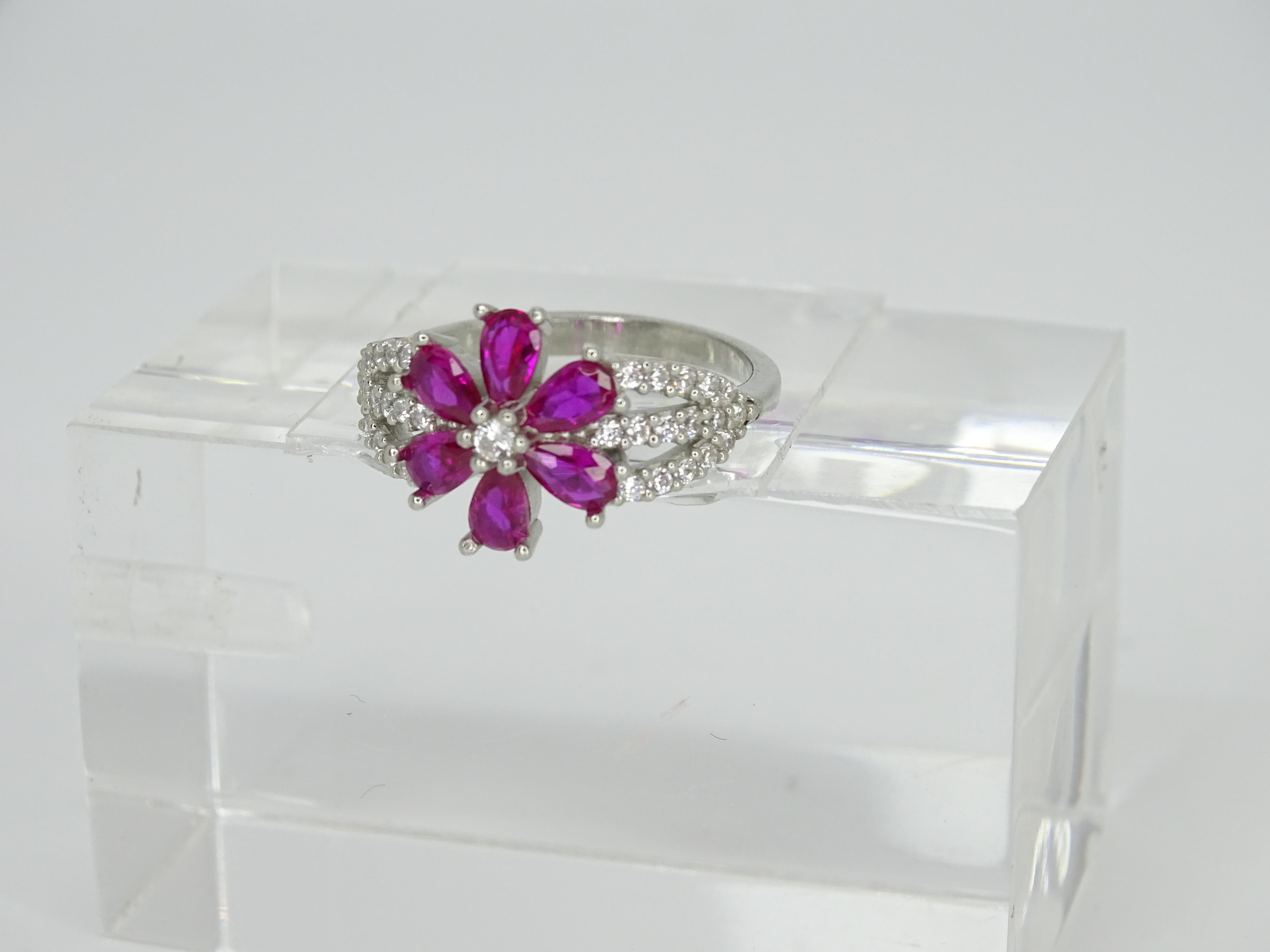 Italy “flower” ring, ruby root and zircons, 925 sterling silver For Sale 8