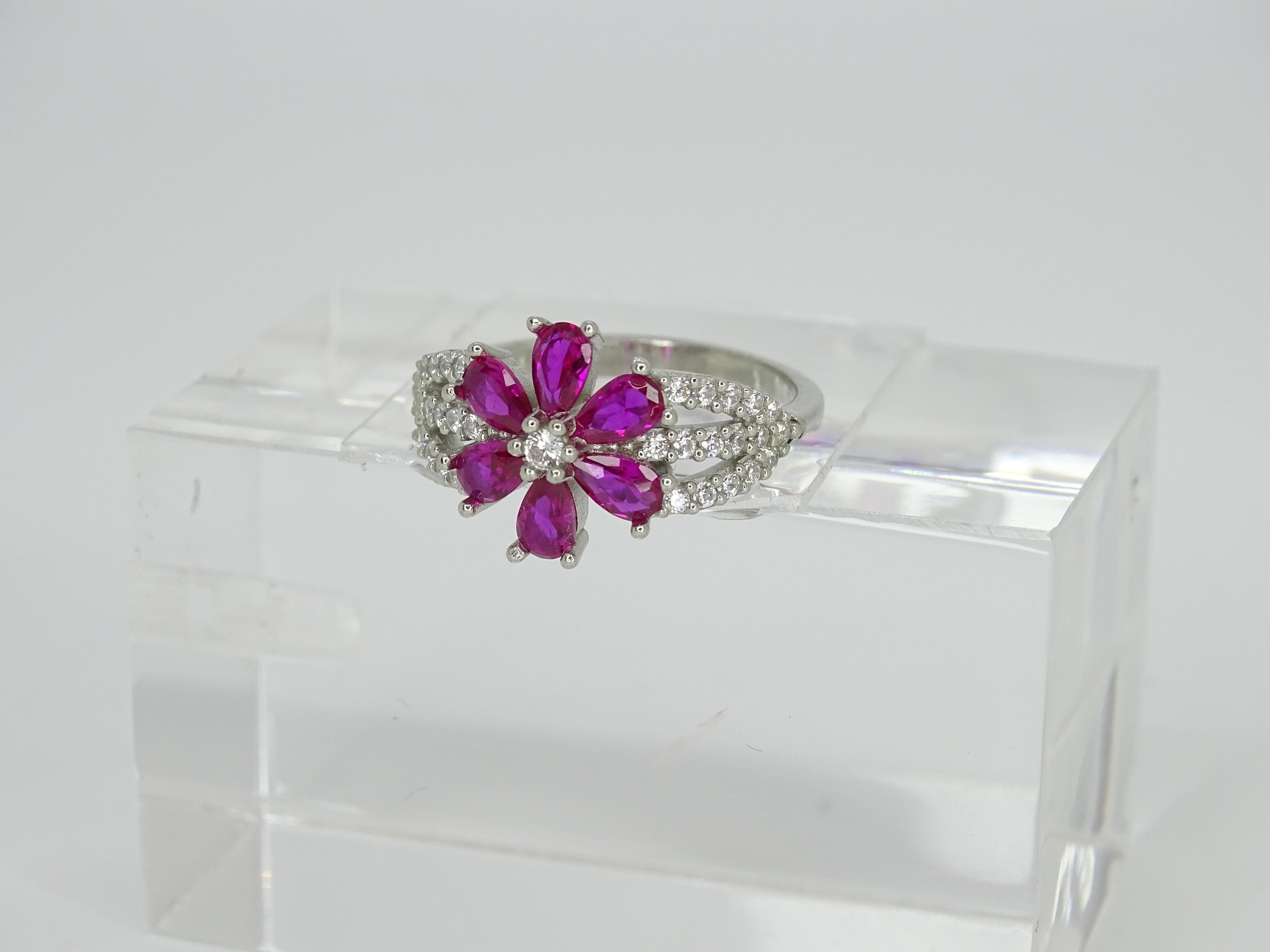 Italy “flower” ring, ruby root and zircons, 925 sterling silver For Sale 9