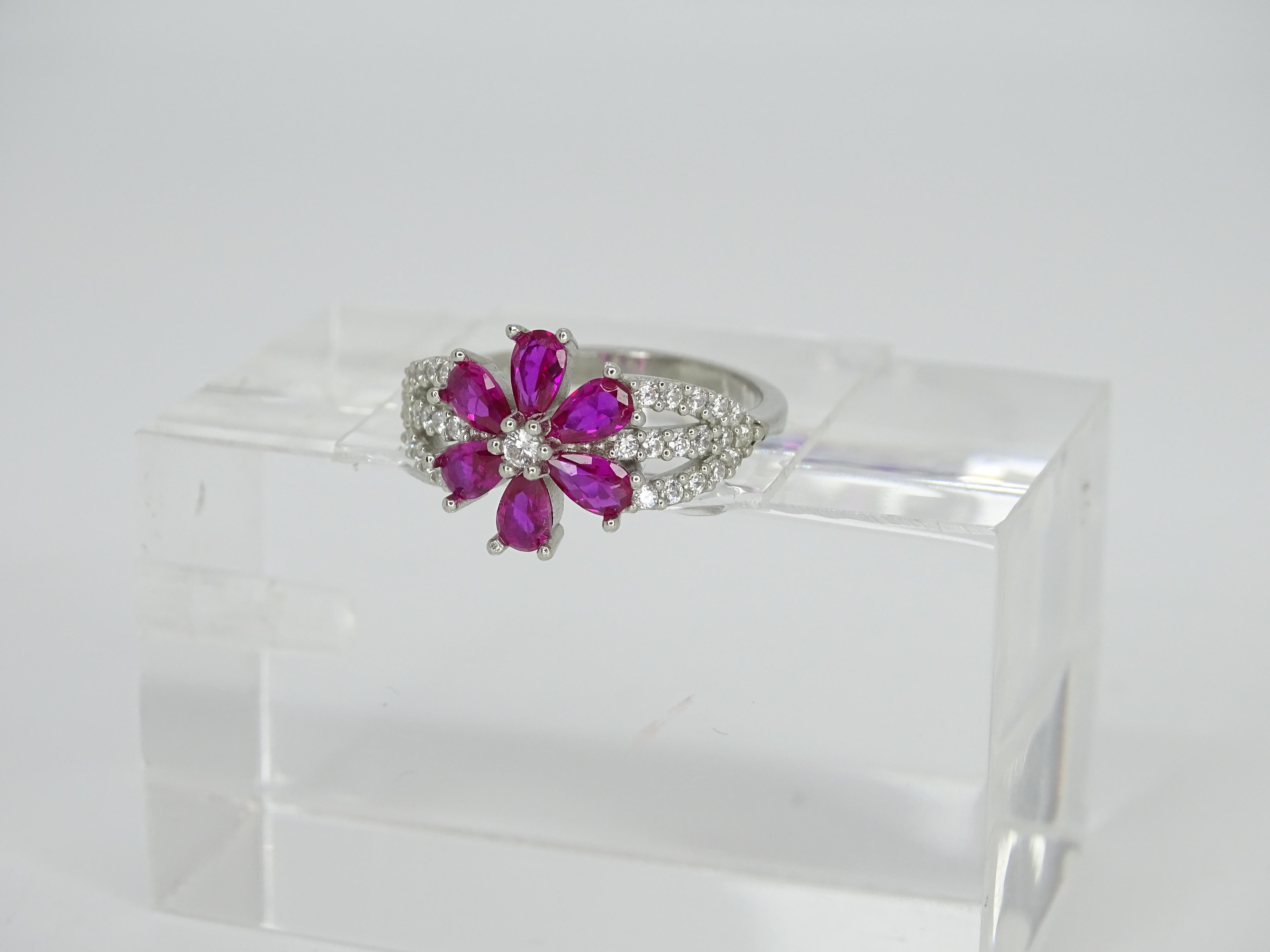 Italy “flower” ring, ruby root and zircons, 925 sterling silver For Sale 10