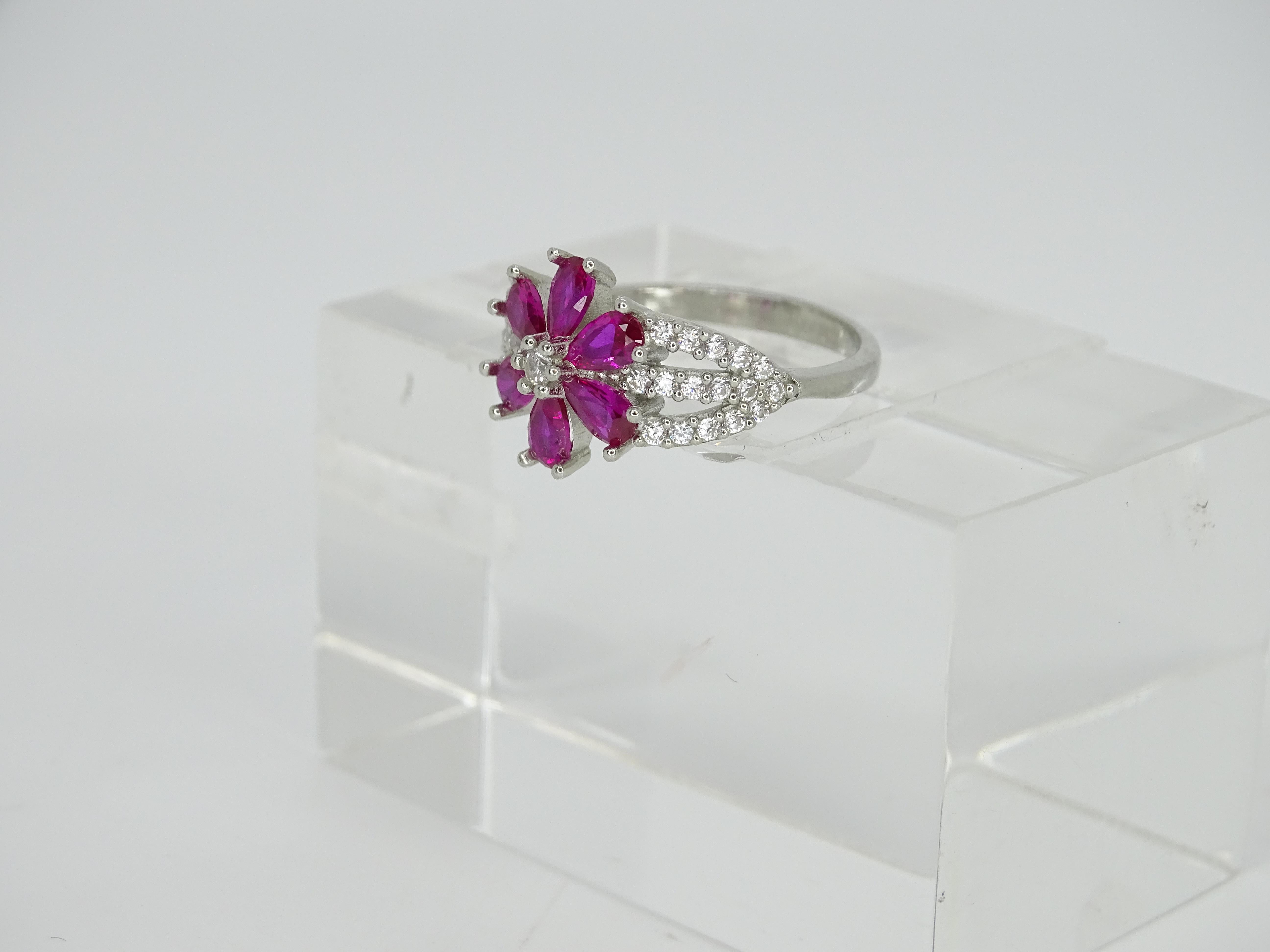 Italy “flower” ring, ruby root and zircons, 925 sterling silver For Sale 11
