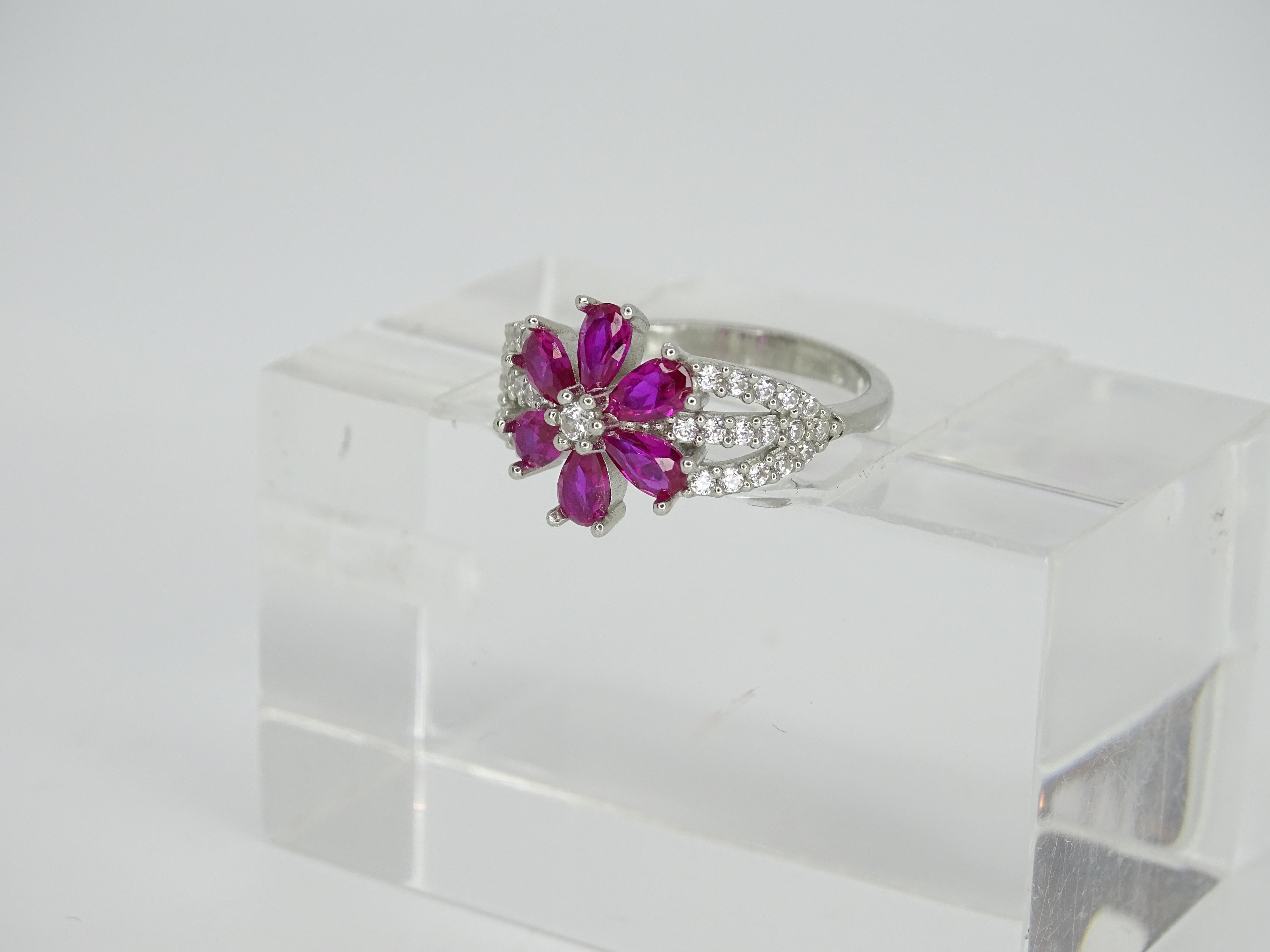 Italy “flower” ring, ruby root and zircons, 925 sterling silver For Sale 12