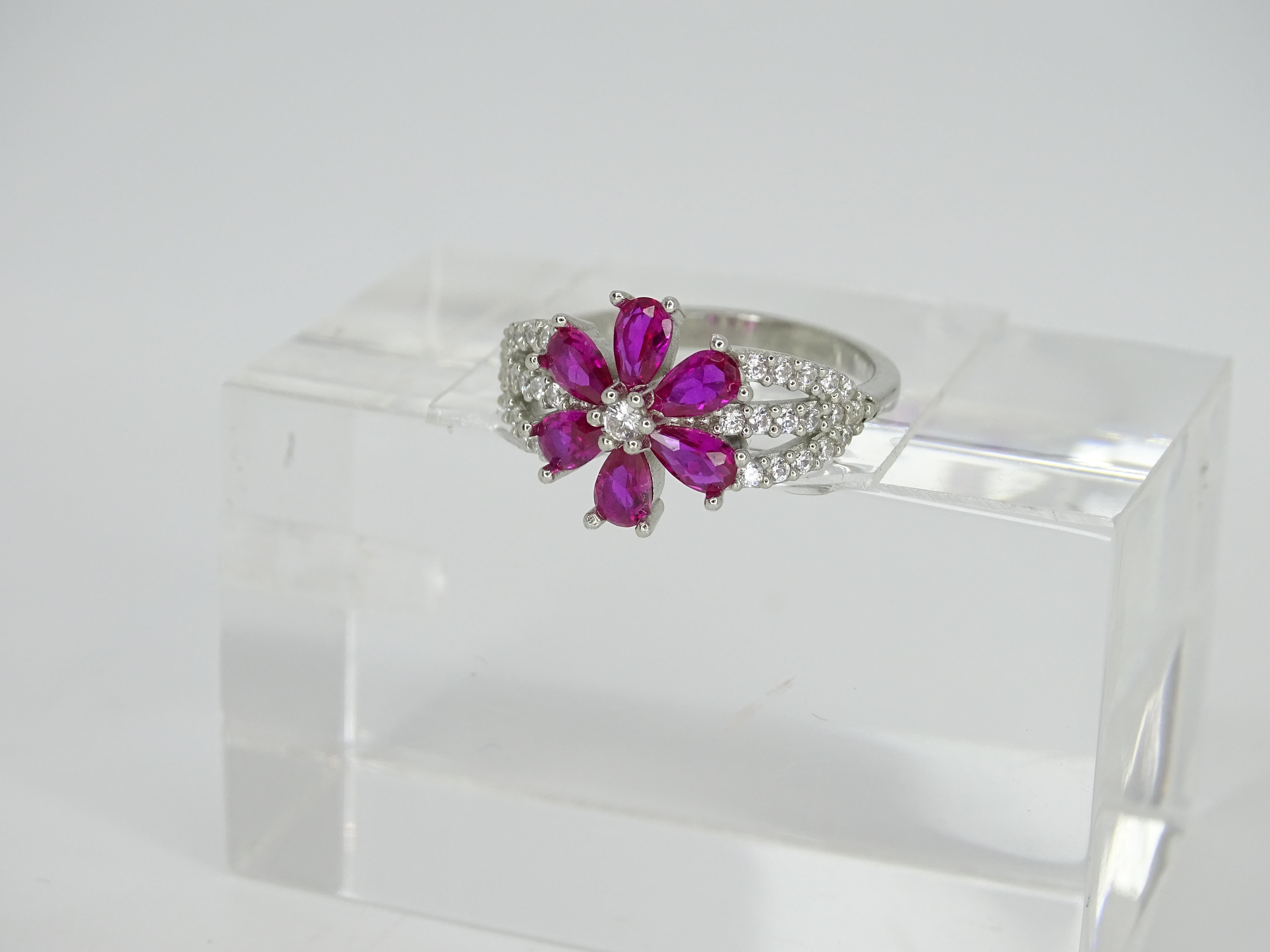 Italy “flower” ring, ruby root and zircons, 925 sterling silver For Sale 13