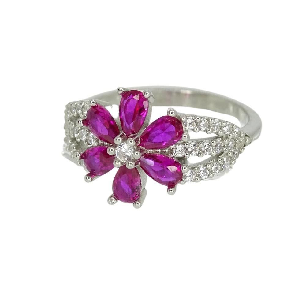 Romantic Italy “flower” ring, ruby root and zircons, 925 sterling silver For Sale