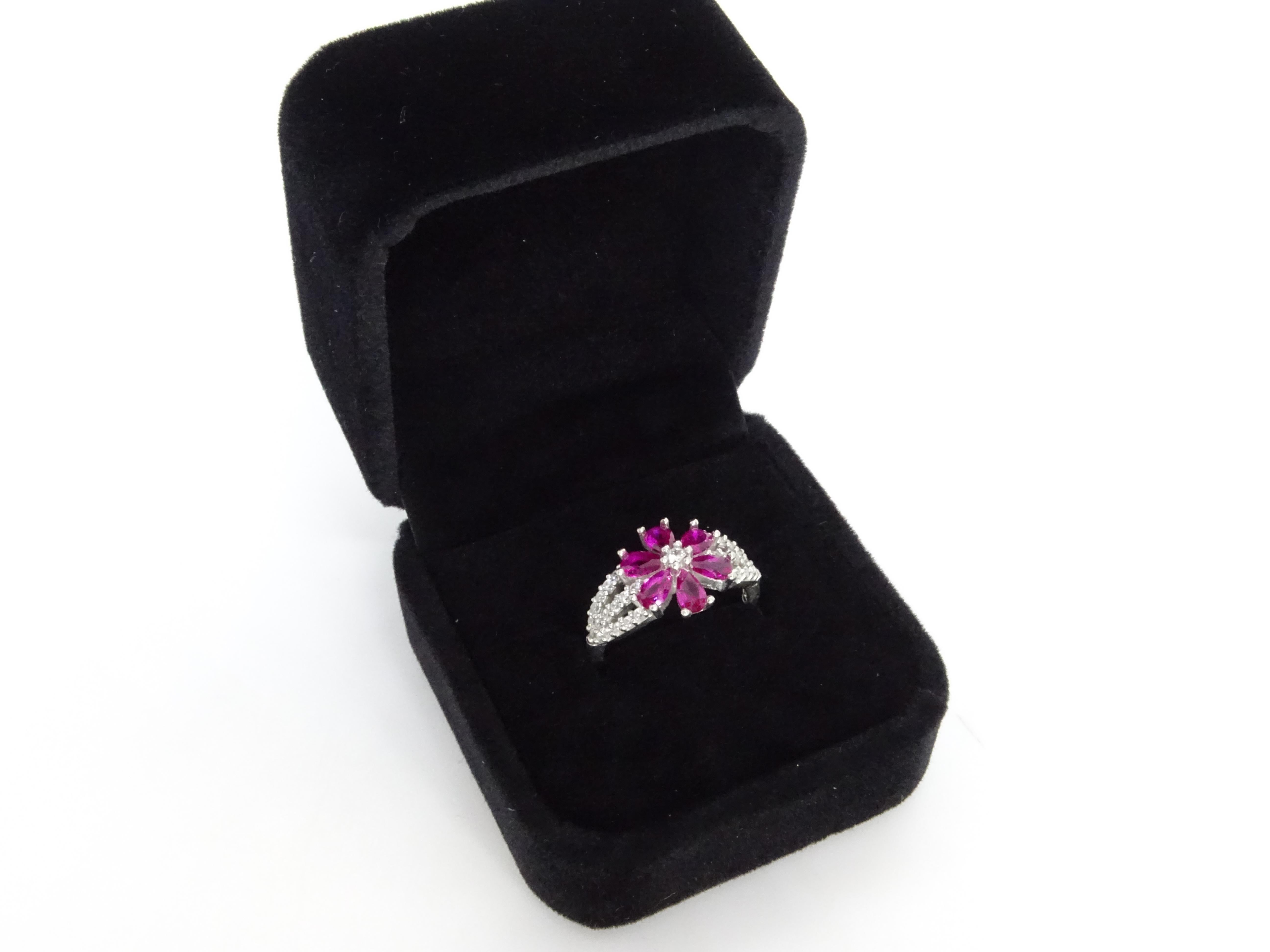 Italy “flower” ring, ruby root and zircons, 925 sterling silver For Sale 2