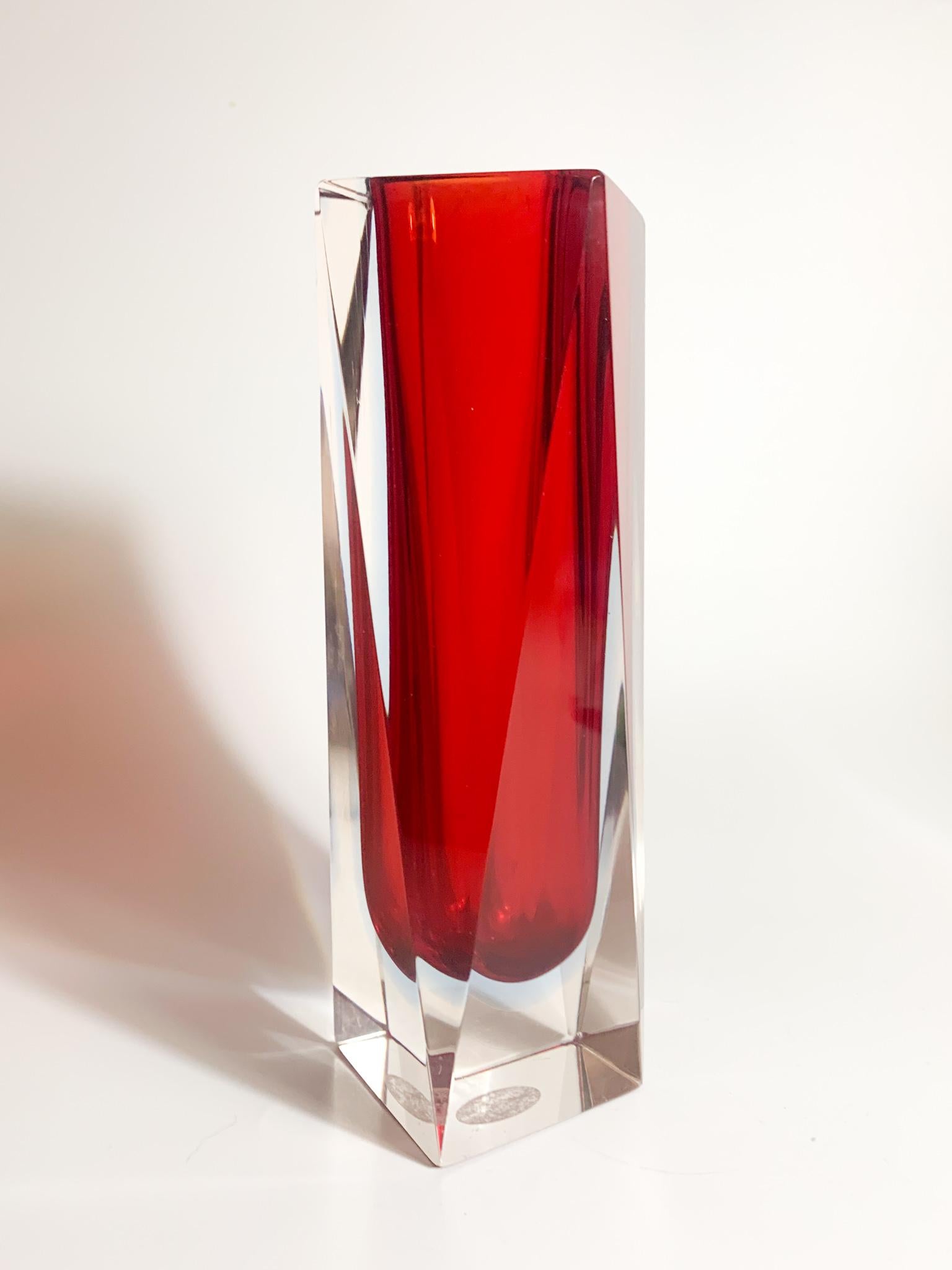Italy Geometric Vase in Red & Blue Murano Glass Attributed to Flavio Poli 1970s In Good Condition For Sale In Milano, MI
