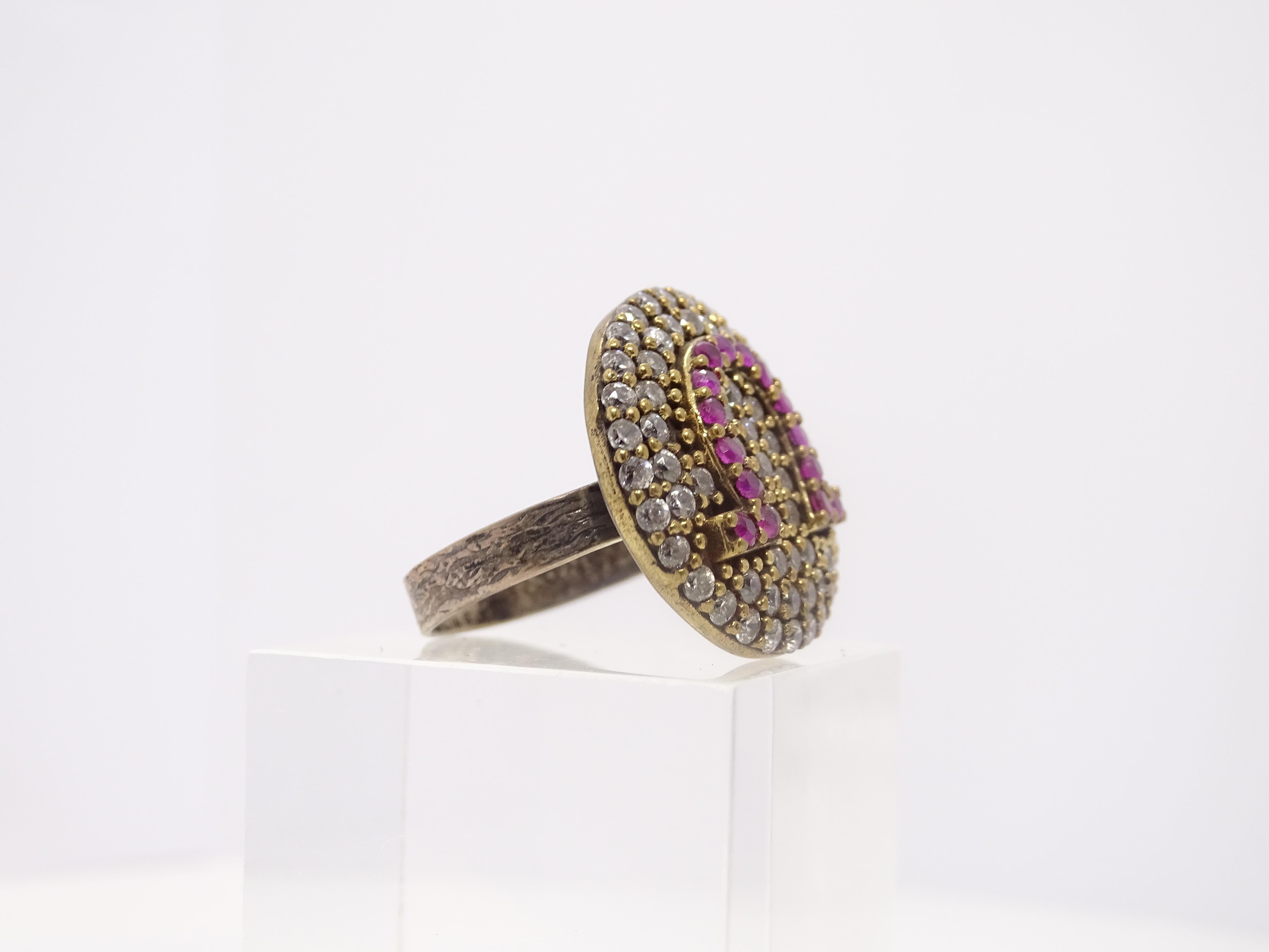 Italy Horseshoe rosette ring, vintage style, sterling silver zircon rubelita For Sale 7