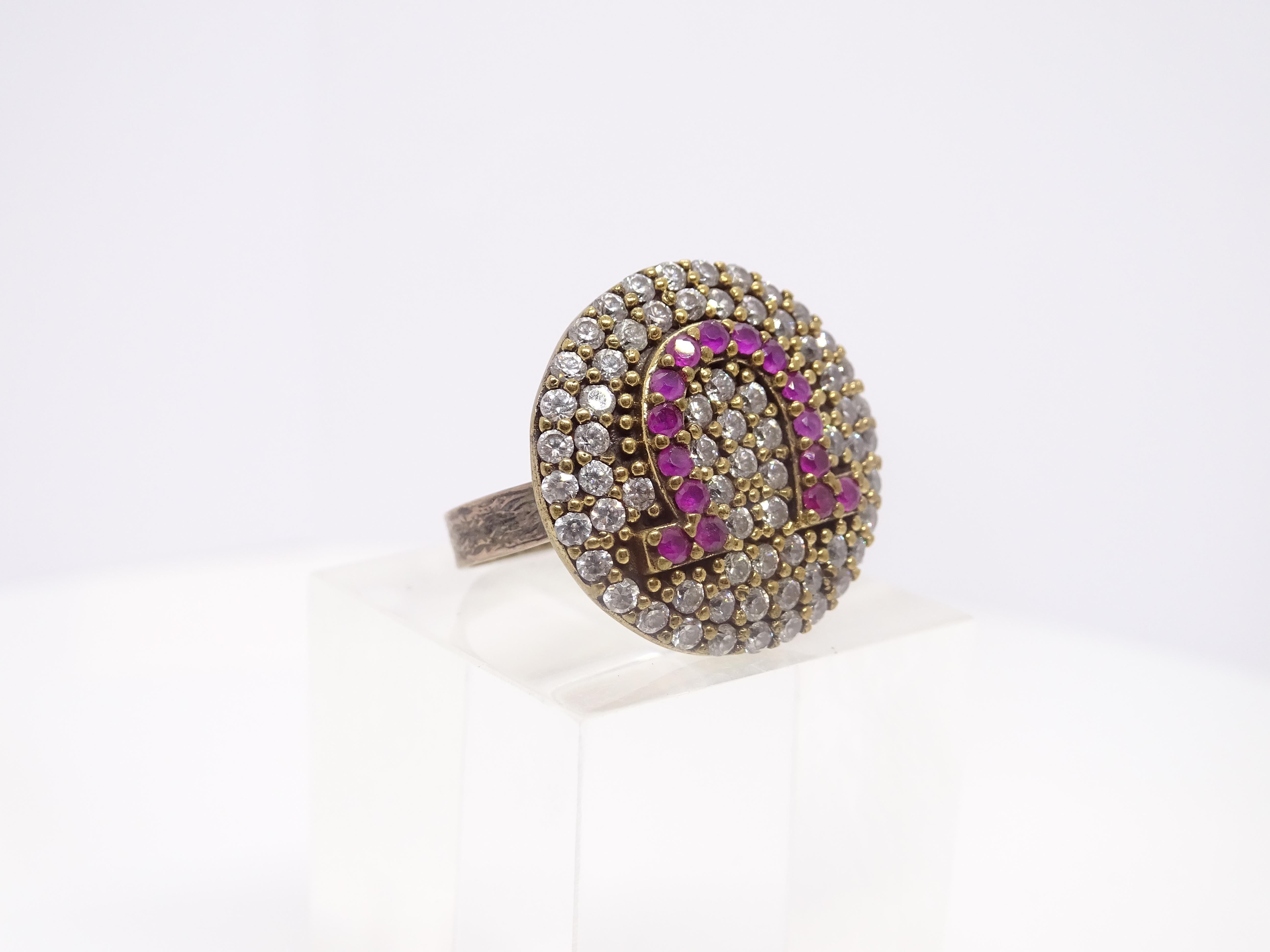 Italy Horseshoe rosette ring, vintage style, sterling silver zircon rubelita For Sale 8