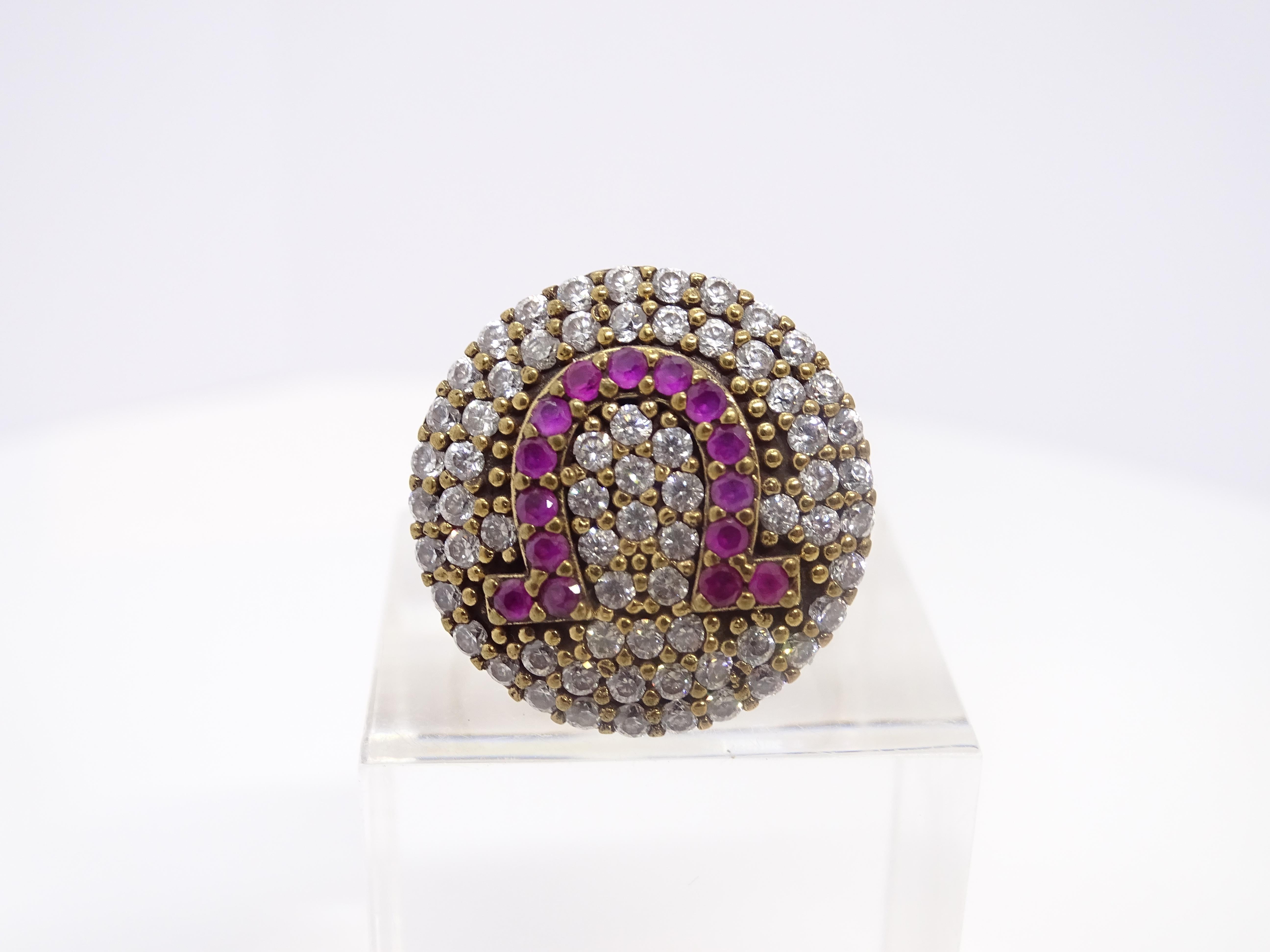 Italy Horseshoe rosette ring, vintage style, sterling silver zircon rubelita For Sale 9