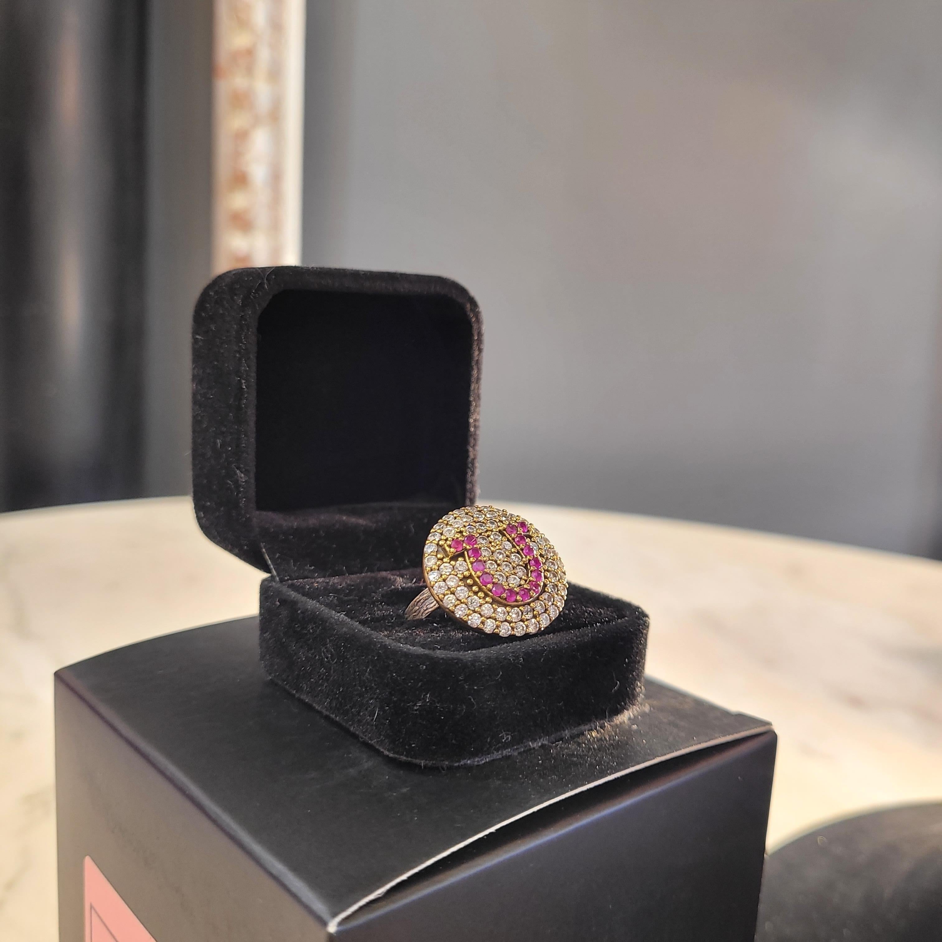Modern Italy Horseshoe rosette ring, vintage style, sterling silver zircon rubelita For Sale