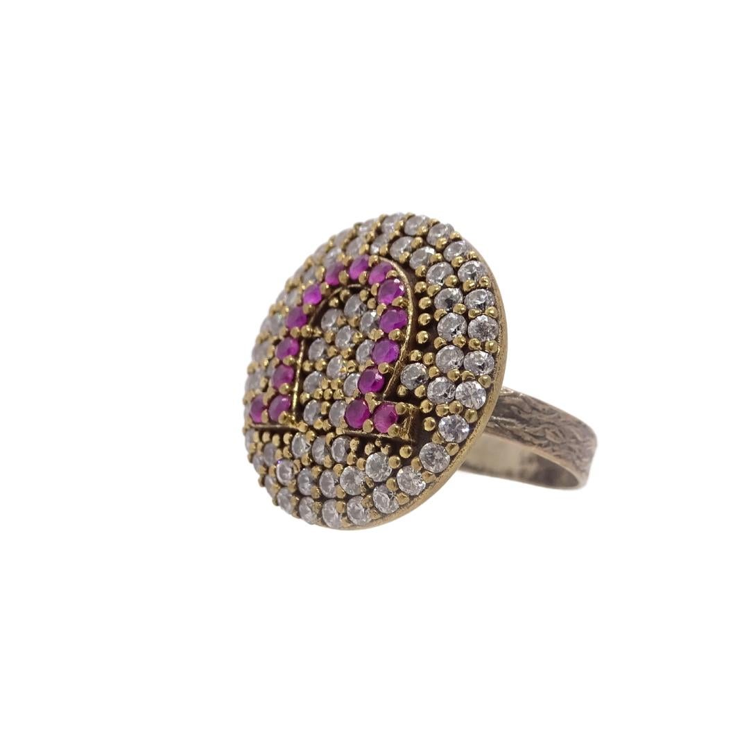 Brilliant Cut Italy Horseshoe rosette ring, vintage style, sterling silver zircon rubelita For Sale
