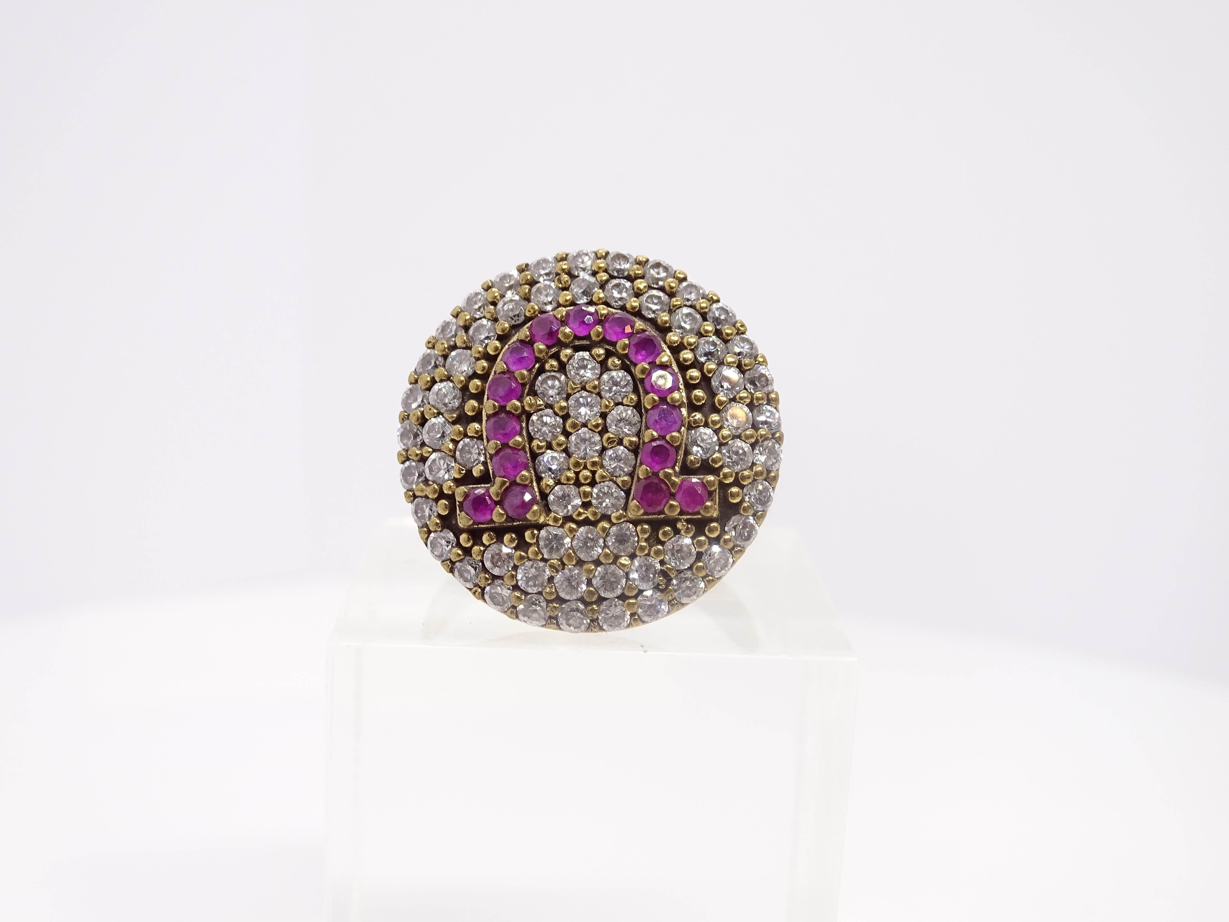 Italy Horseshoe rosette ring, vintage style, sterling silver zircon rubelita For Sale 1
