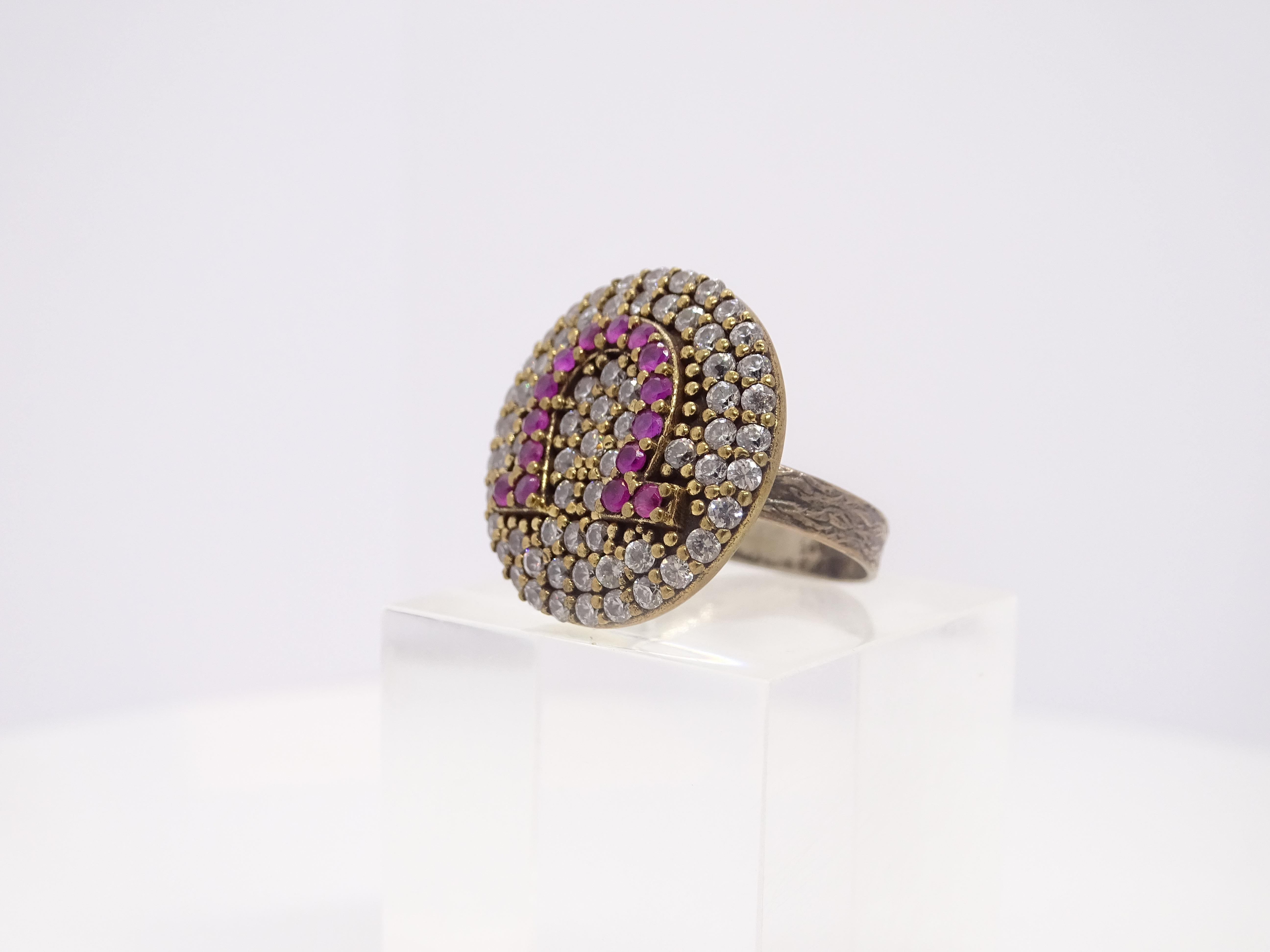 Italy Horseshoe rosette ring, vintage style, sterling silver zircon rubelita For Sale 2