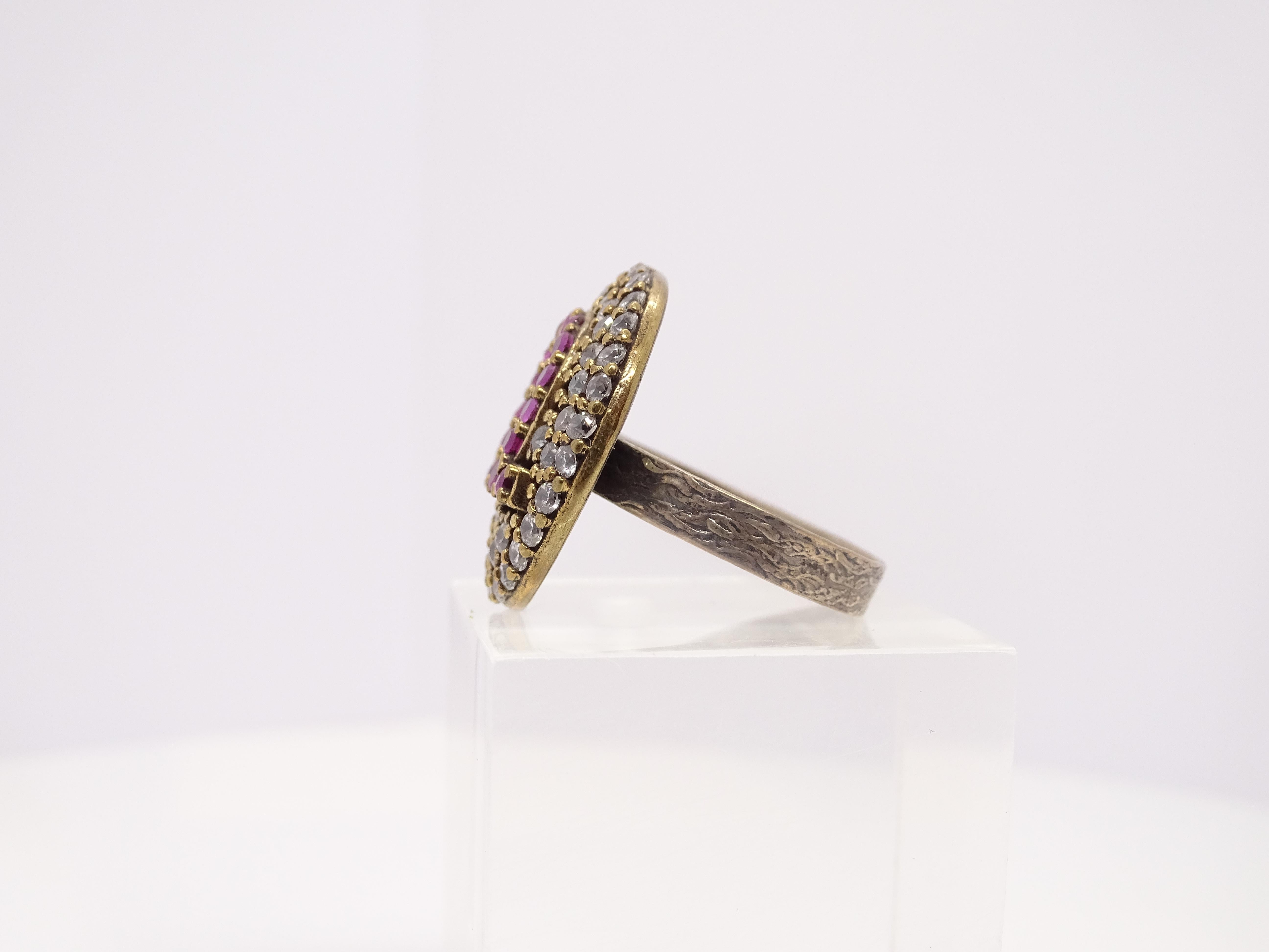 Italy Horseshoe rosette ring, vintage style, sterling silver zircon rubelita For Sale 3