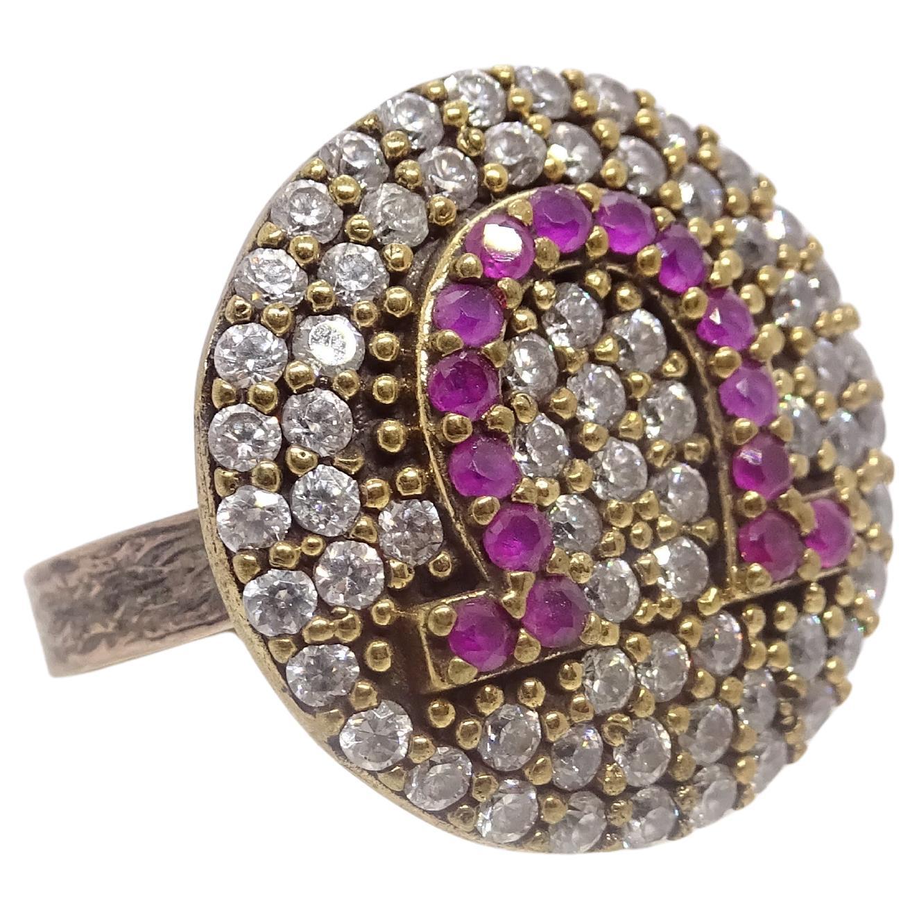Italy Horseshoe rosette ring, vintage style, sterling silver zircon rubelita