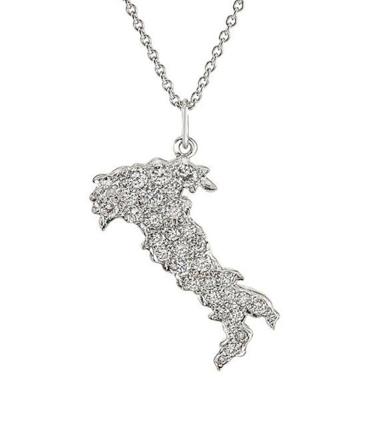 Platinum map of Italy Pendant/Necklace, set with 33 fine round diamonds 1.15 carats.
The length of the pendant is 1-1/2 inches(4.0 cm).
Also available in 18Kt Yellow Gold.

We manufacture all of our jewelry, in our workshop located in New York