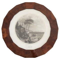 Italy Late 18th Century Black and White Landscape Print of Amalfi in Round Frame