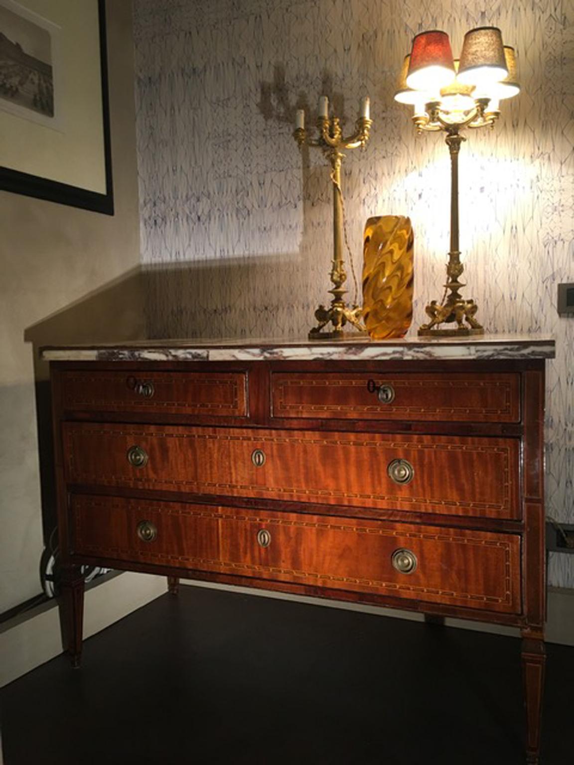 Italy Late 18th Century Inlaid Walnut Chest of Drawers Top White Violet Marble 4
