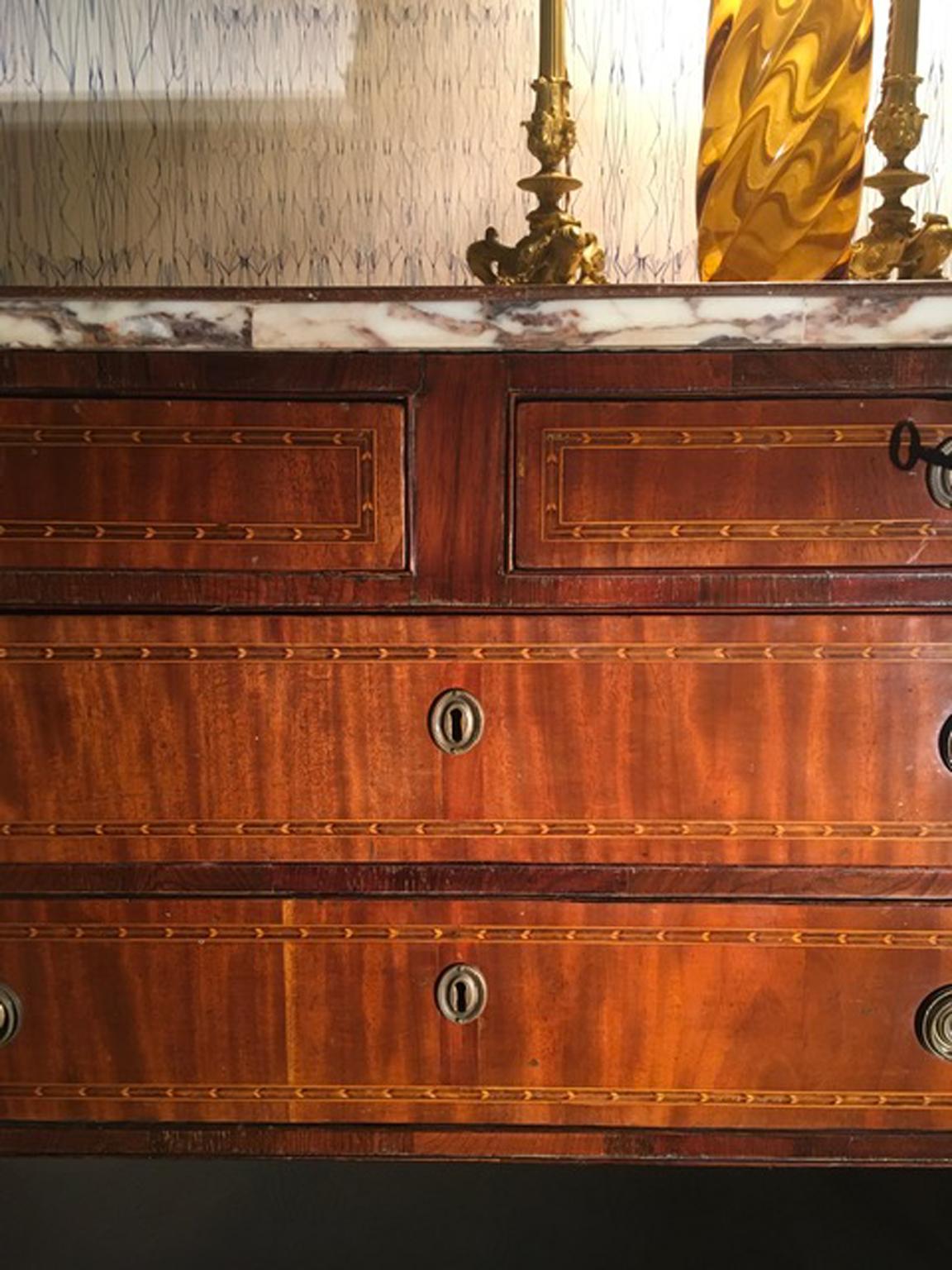 Italy Late 18th Century Inlaid Walnut Chest of Drawers Top White Violet Marble 6