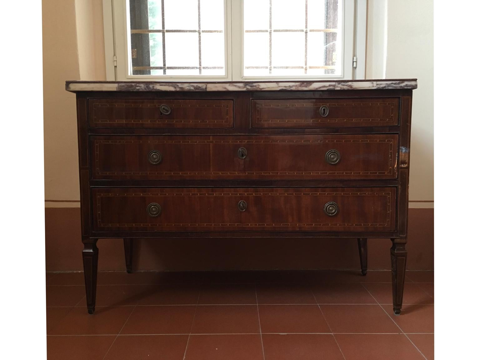 Regency Italy Late 18th Century Inlaid Walnut Chest of Drawers Top White Violet Marble