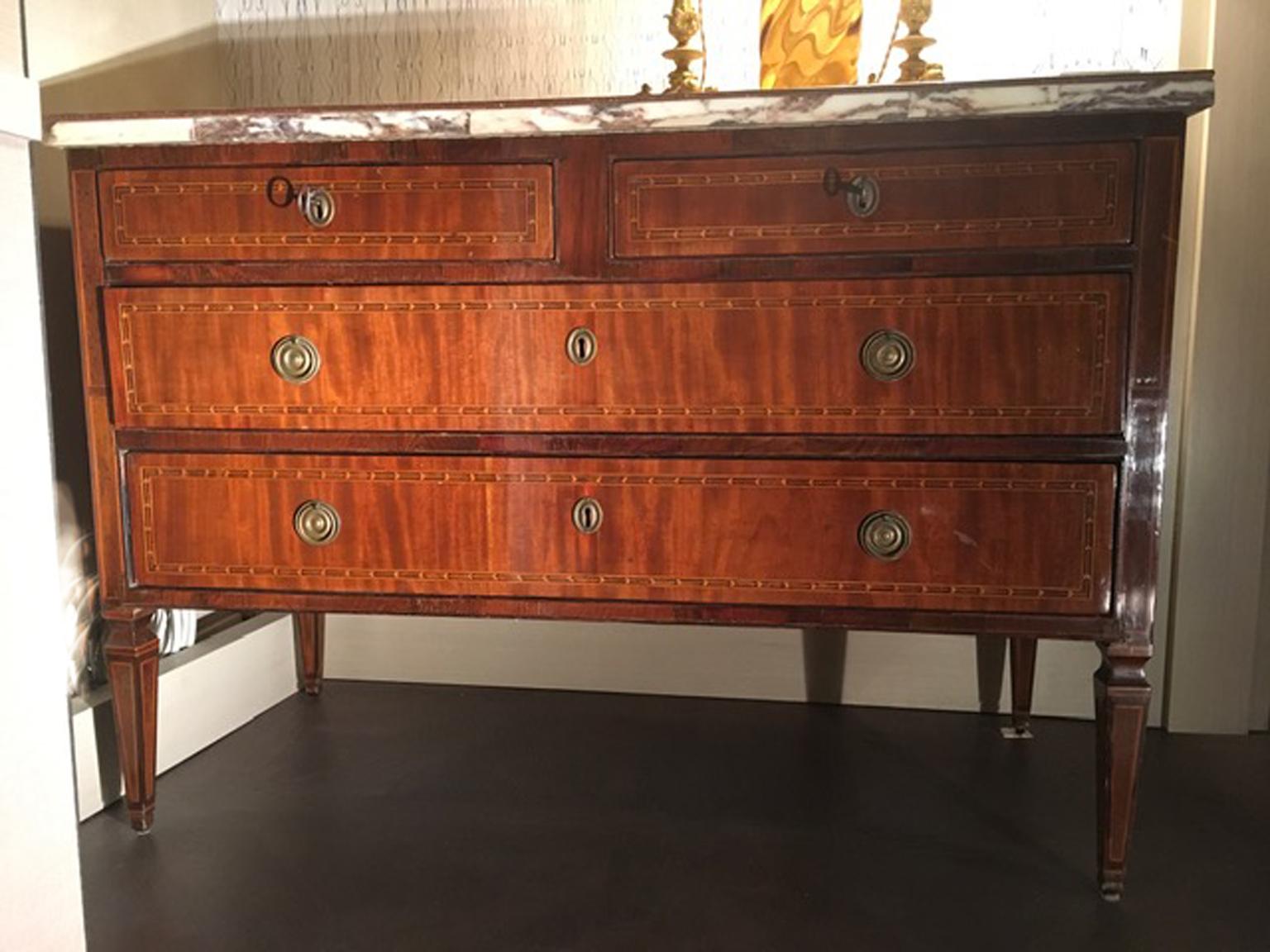 Italy Late 18th Century Inlaid Walnut Chest of Drawers Top White Violet Marble 2