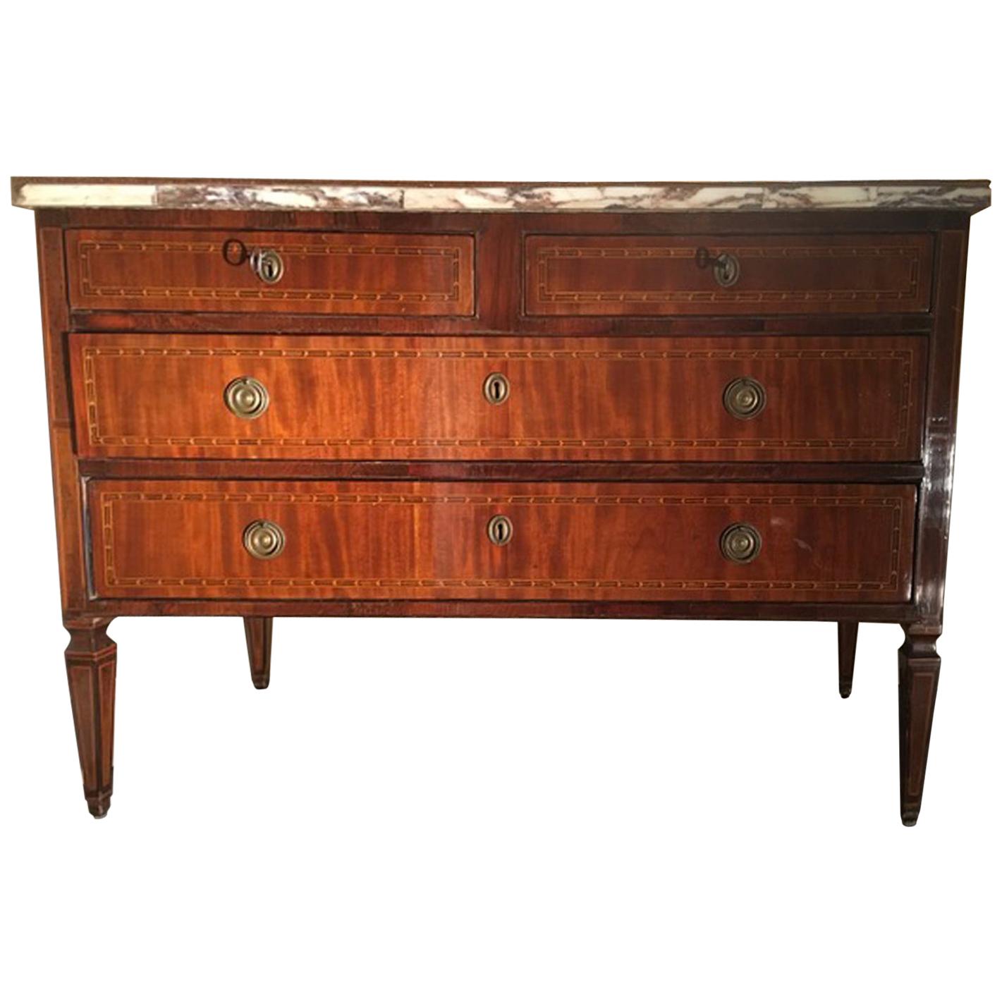 Italy Late 18th Century Inlaid Walnut Chest of Drawers Top White Violet Marble
