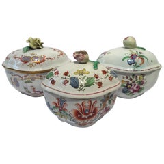 Italy Late 18th Century Richard Ginori Set 3 Porcelain Sugar Bowls Floral Decor