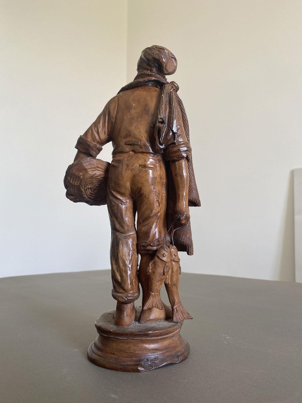 Italy Late 20th Century Carved Wooden Fisherman Sculpture For Sale 7