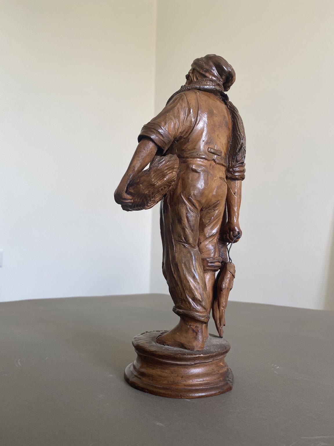 Italy Late 20th Century Carved Wooden Fisherman Sculpture For Sale 8