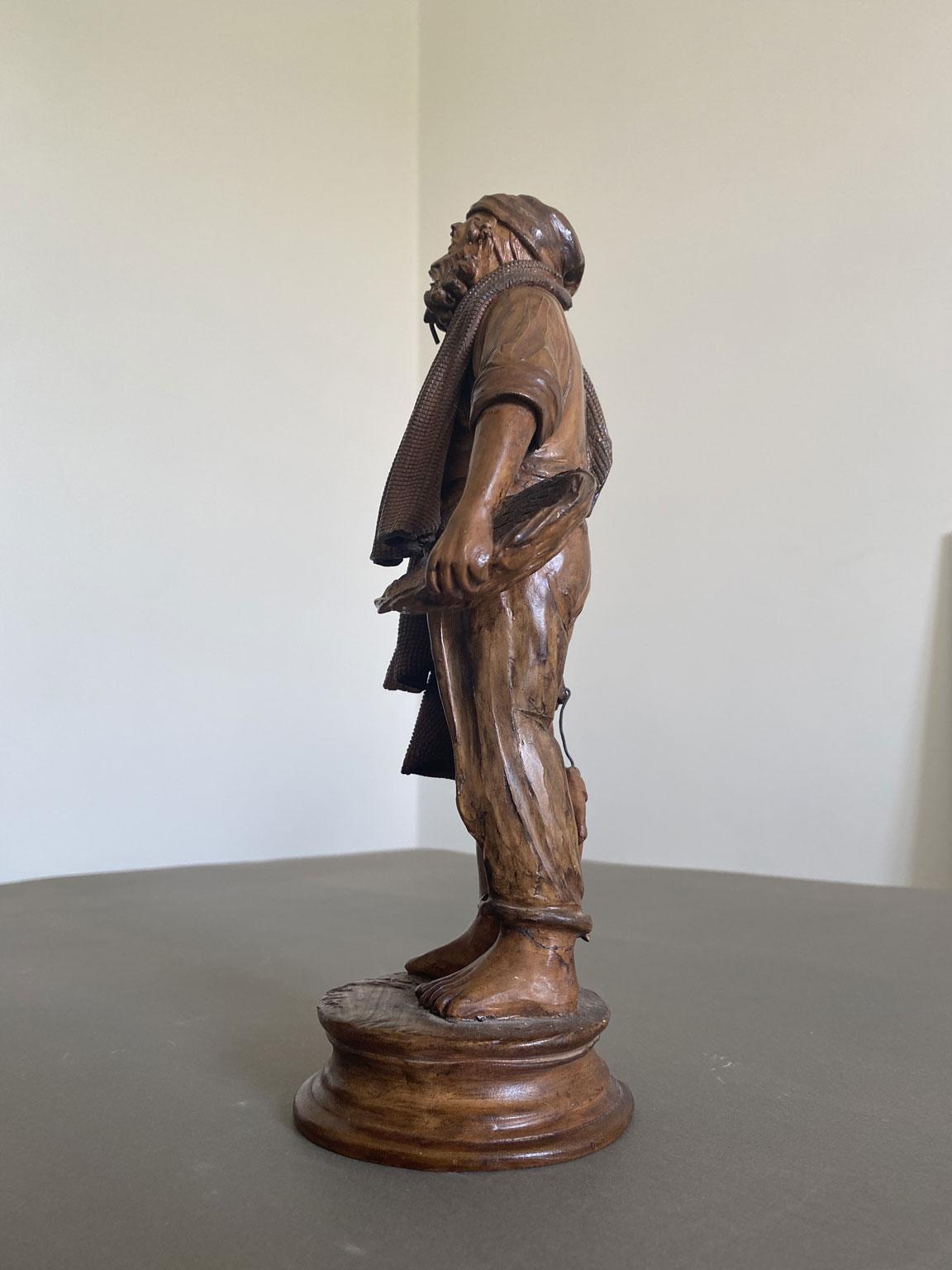 Italy Late 20th Century Carved Wooden Fisherman Sculpture For Sale 9