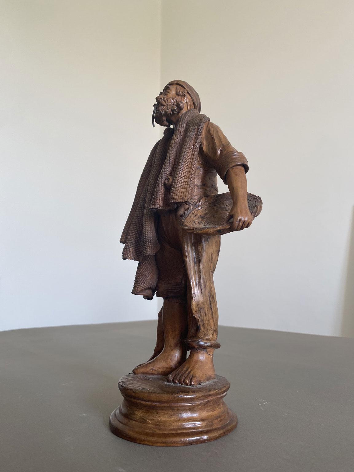 Italy Late 20th Century Carved Wooden Fisherman Sculpture For Sale 10