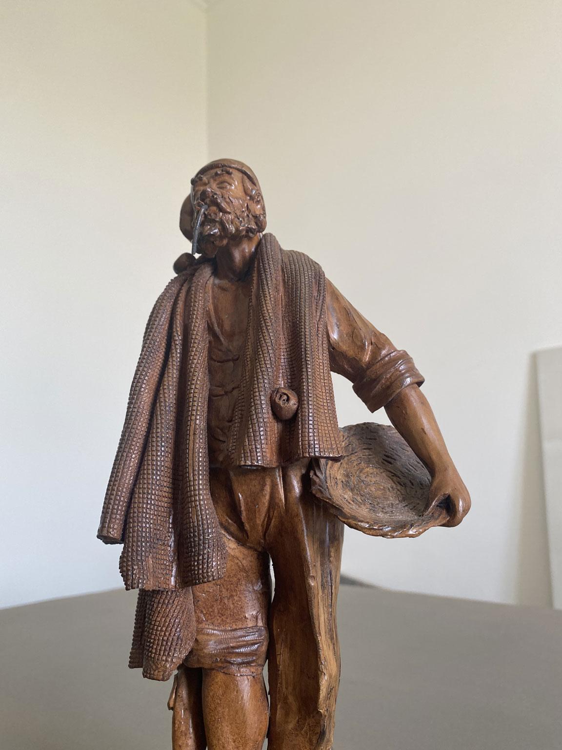Italy Late 20th Century Carved Wooden Fisherman Sculpture For Sale 11