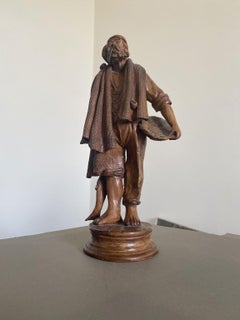 Italy Late 20th Century Carved Wooden Fisherman Sculpture
