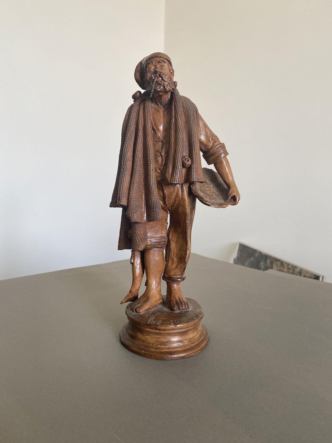 Hand-Crafted Italy Late 20th Century Carved Wooden Fisherman Sculpture For Sale