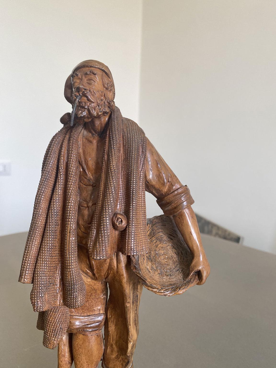Italy Late 20th Century Carved Wooden Fisherman Sculpture For Sale 1