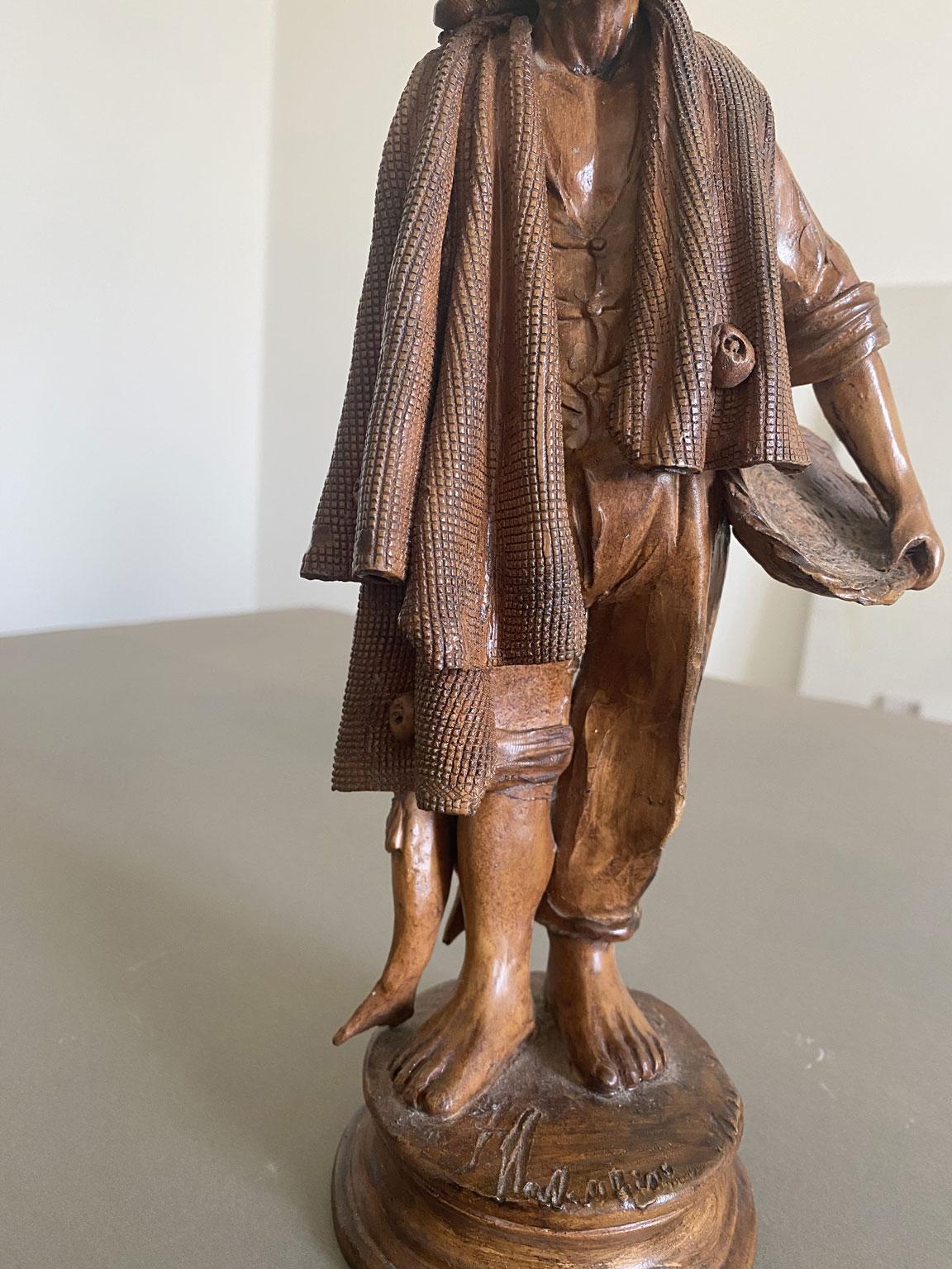 Italy Late 20th Century Carved Wooden Fisherman Sculpture For Sale 2