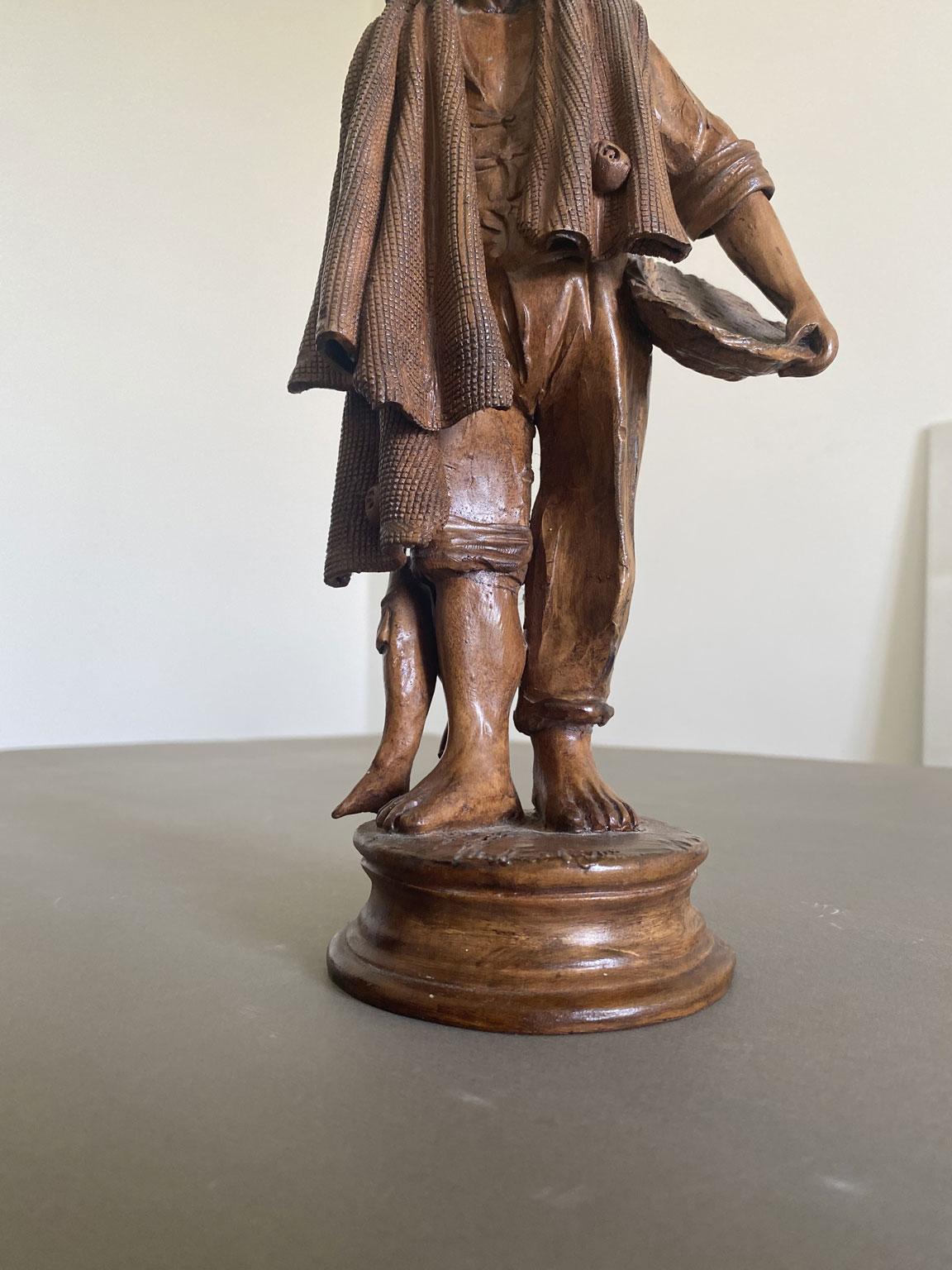 Italy Late 20th Century Carved Wooden Fisherman Sculpture For Sale 3