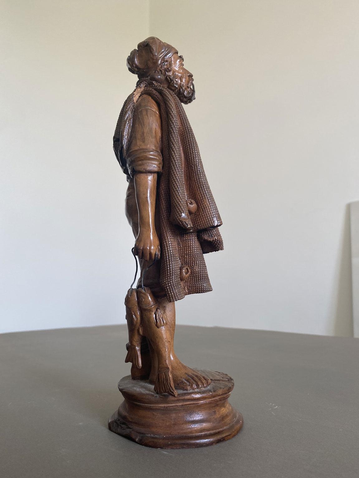 Italy Late 20th Century Carved Wooden Fisherman Sculpture For Sale 5