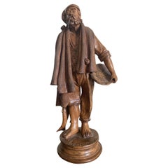 Italy Late 20th Century Carved Wooden Fisherman Sculpture