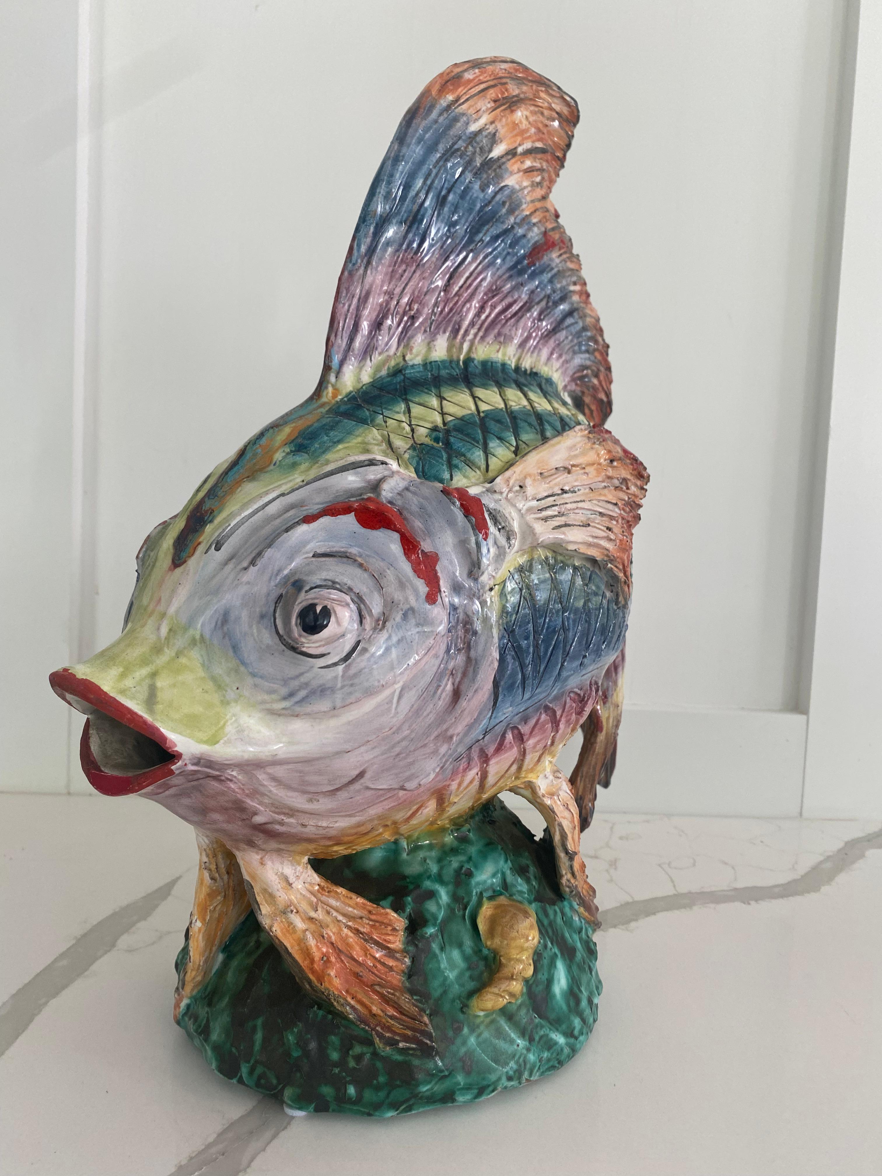 Mid-Century Modern Italy Majolica sculpted fish attributed to Eugenio Pattarino mid century Gambino For Sale