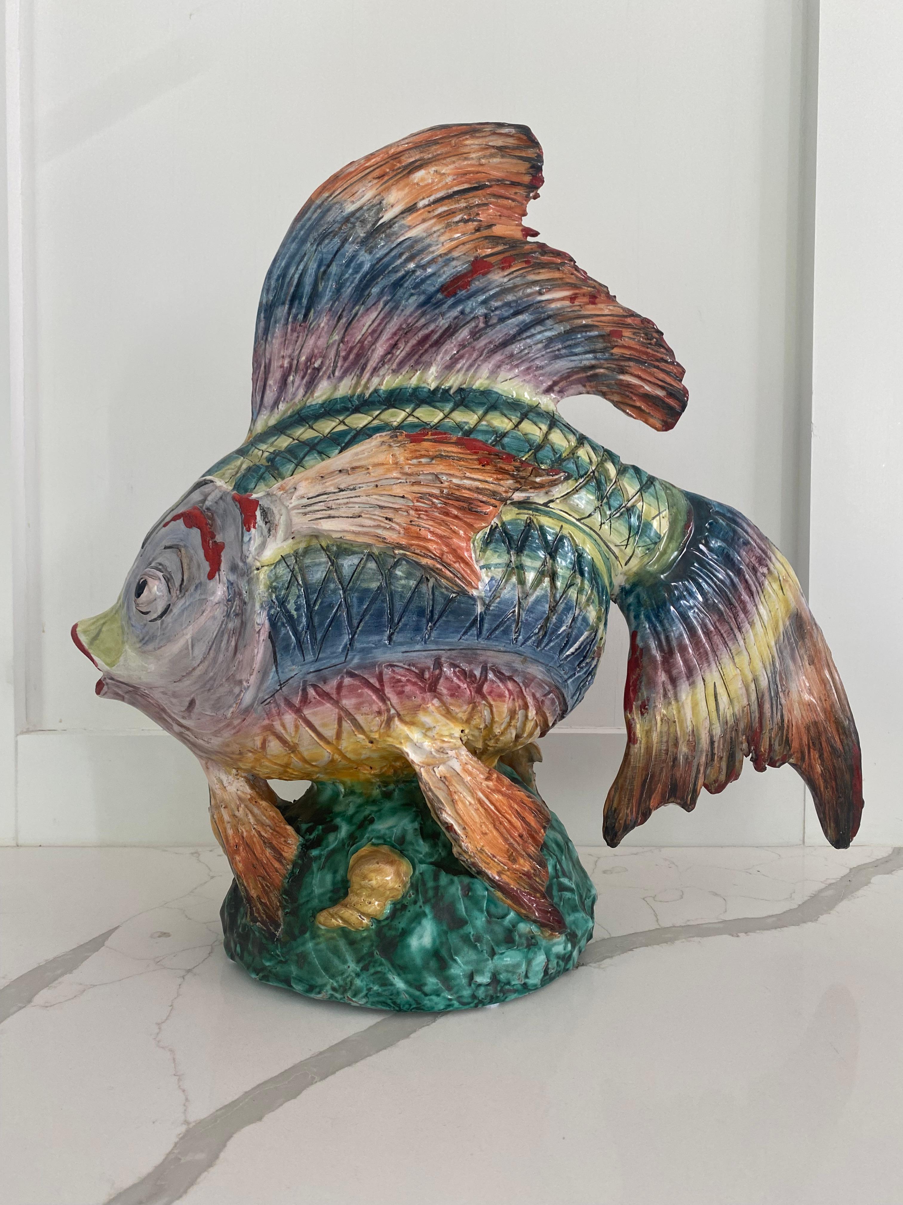 Italian Italy Majolica sculpted fish attributed to Eugenio Pattarino mid century Gambino For Sale