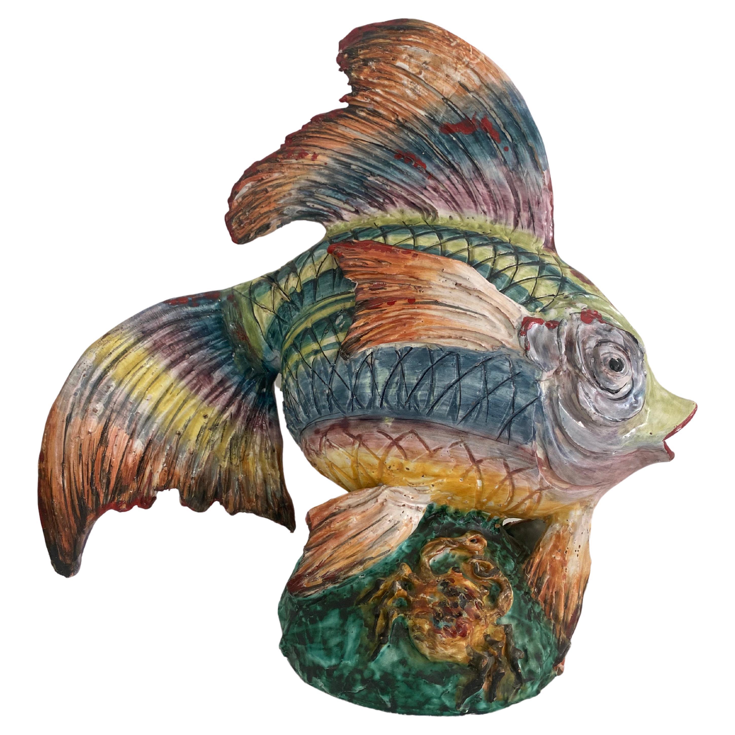 Italy Majolica sculpted fish attributed to Eugenio Pattarino mid century Gambino For Sale