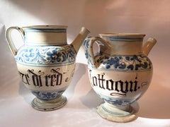 Italy Mid-18th Century Pair of Ceramic Carafes in White and Blue for Pharmacy