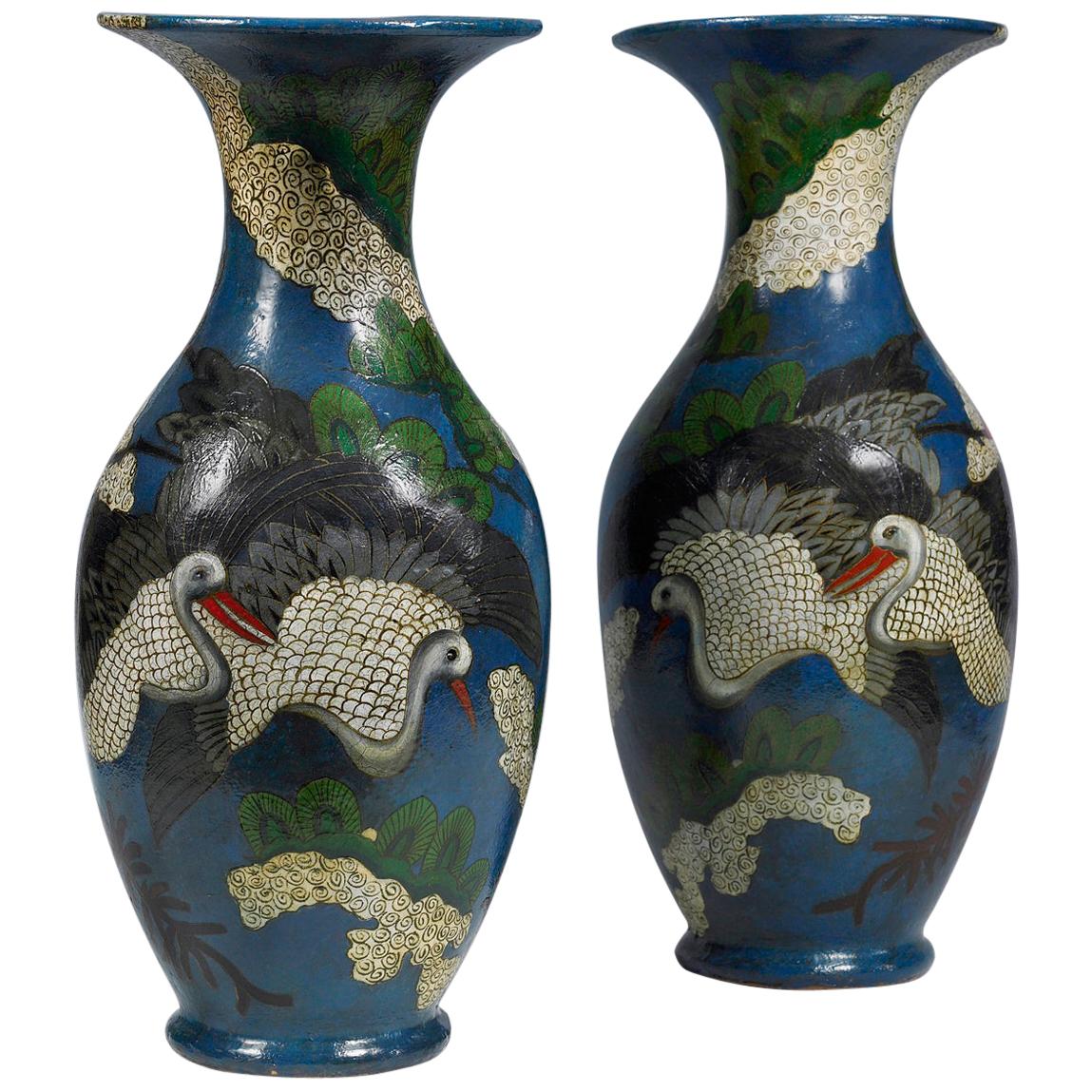 Italy Mid-18th Century Pair of Lacquered Blue Vases with Herons and Flowers