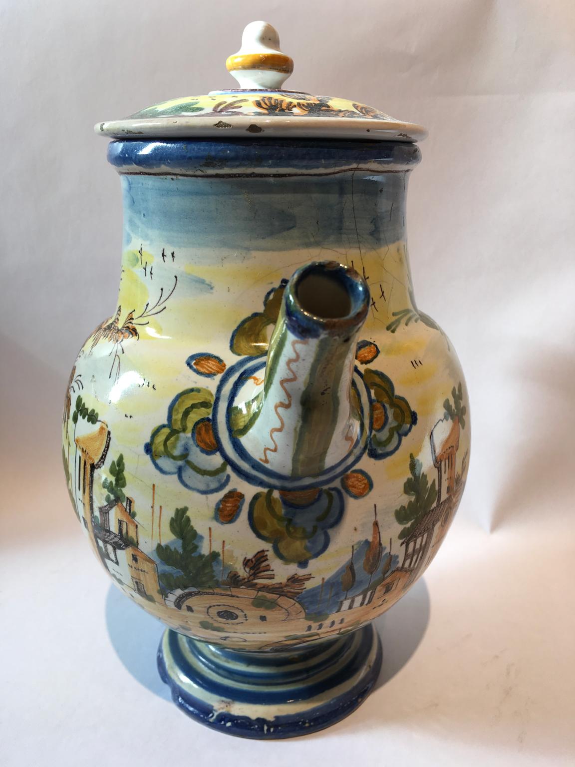 Italy Mid-18th Century Pharmacy Ceramic Carafe in Yellow Blue with Landscape 4